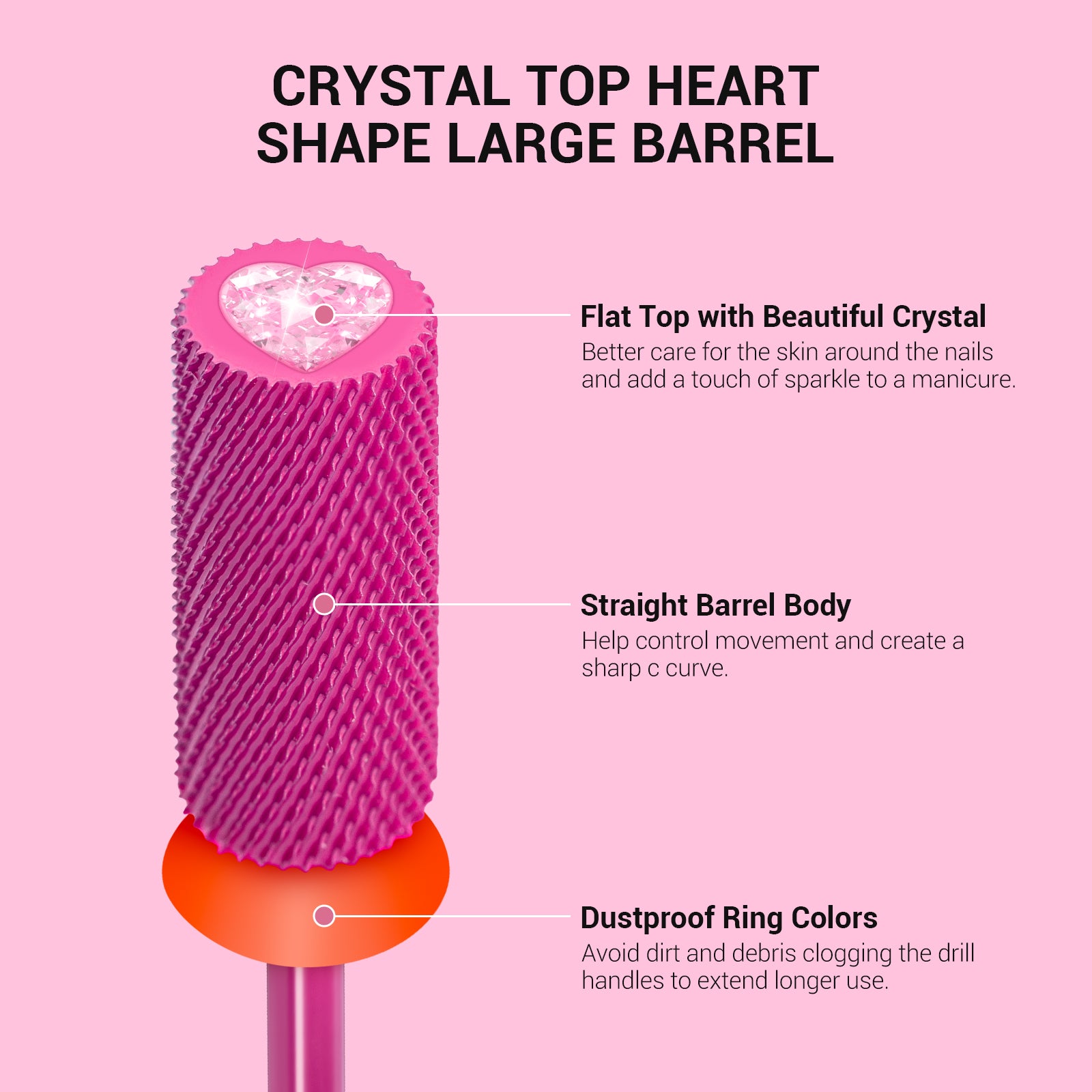 Large Barrel Tungsten Carbide Nail Drill Bit, Crystal Top Heart Shape