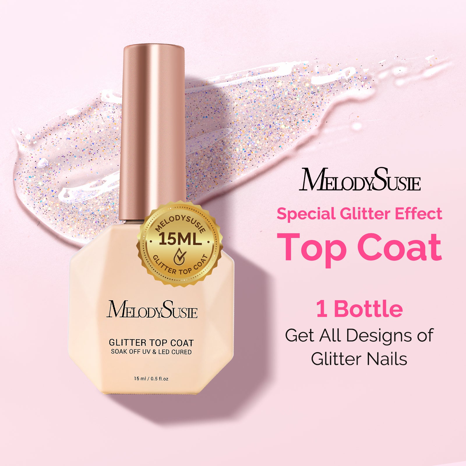 Glitter Gel Top Coat - No Wipe Reflective Iridescent Glitter Top Coat 15ml 0.5fl oz