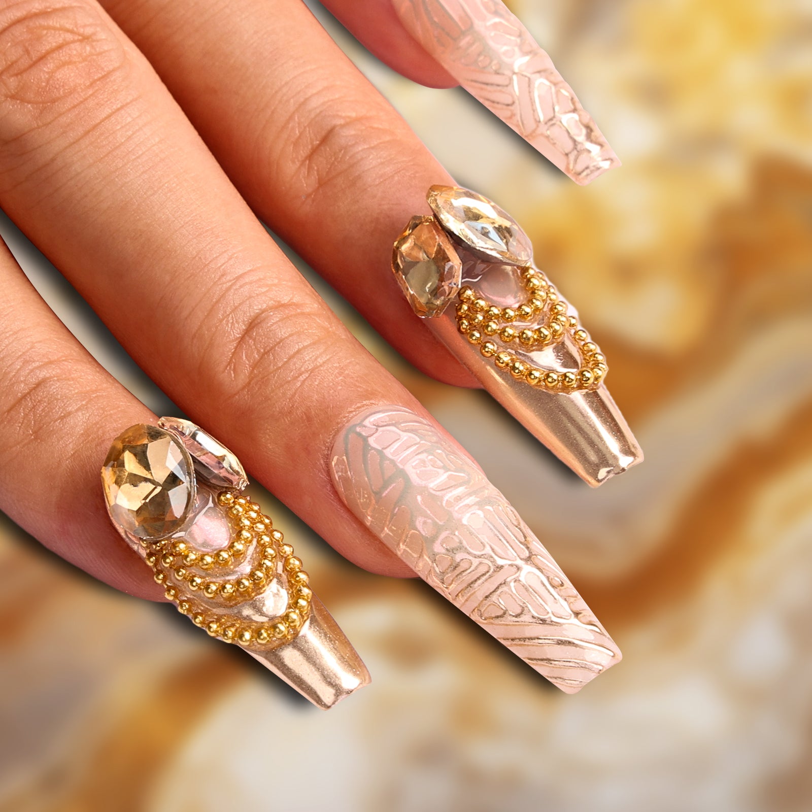 Golden Princess Coffin Medium Press On Nails