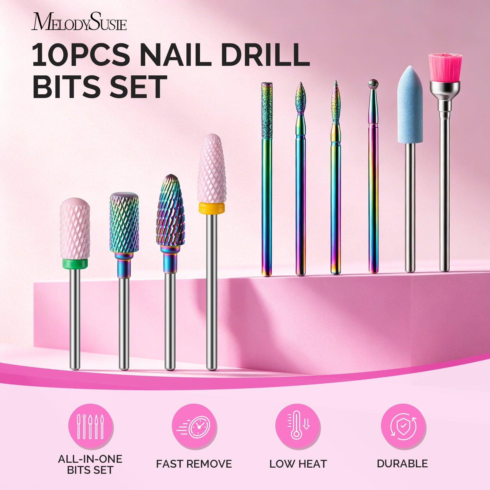Tungsten Carbide & Ceramic 10Pcs Nail Drill Bits Set - Pink & Colorful