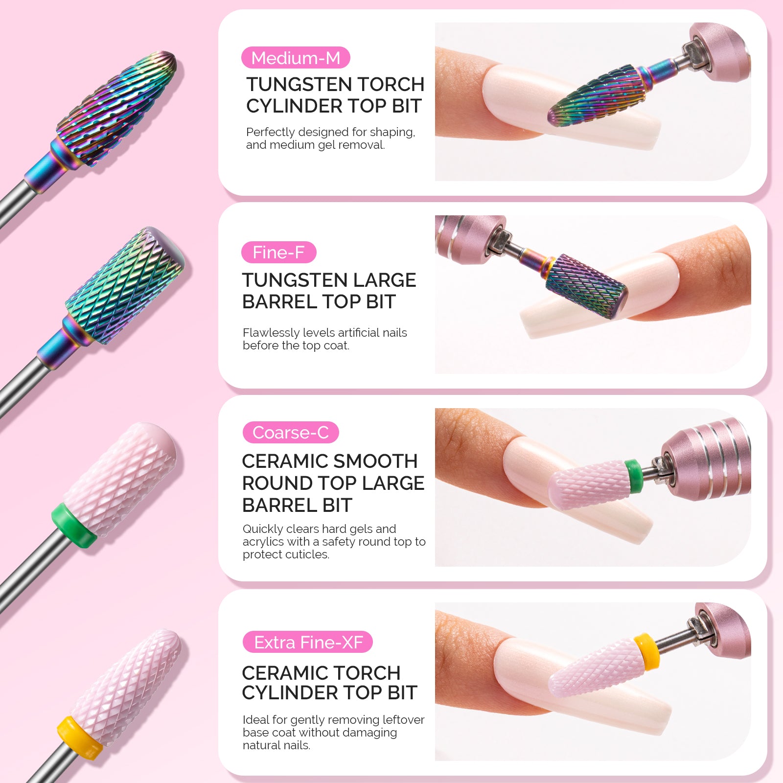 Tungsten Carbide & Ceramic 10Pcs Nail Drill Bits Set - Pink & Colorful