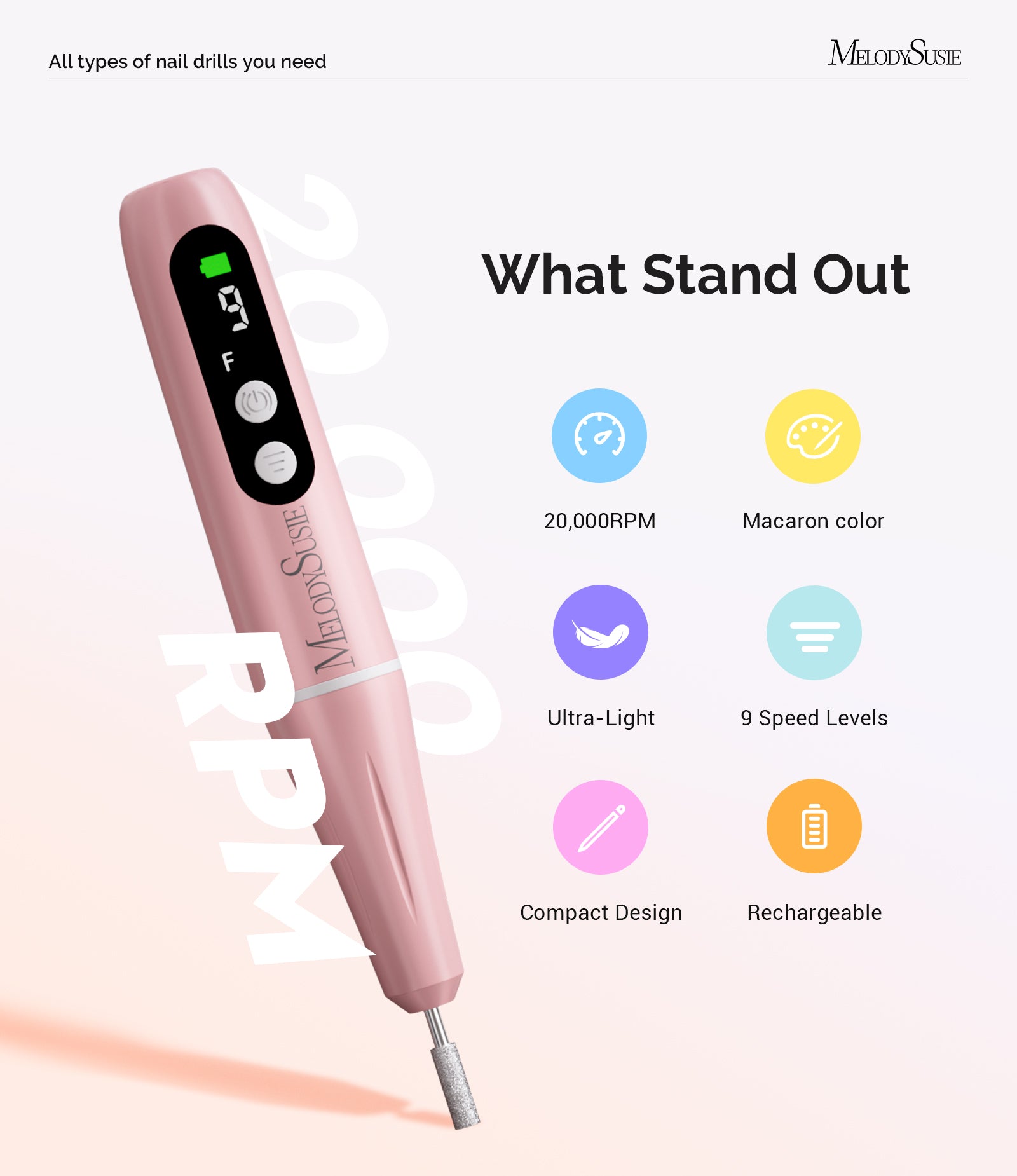 PC90G 20000RPM Portable Rechargeable Nail Drill - Pink