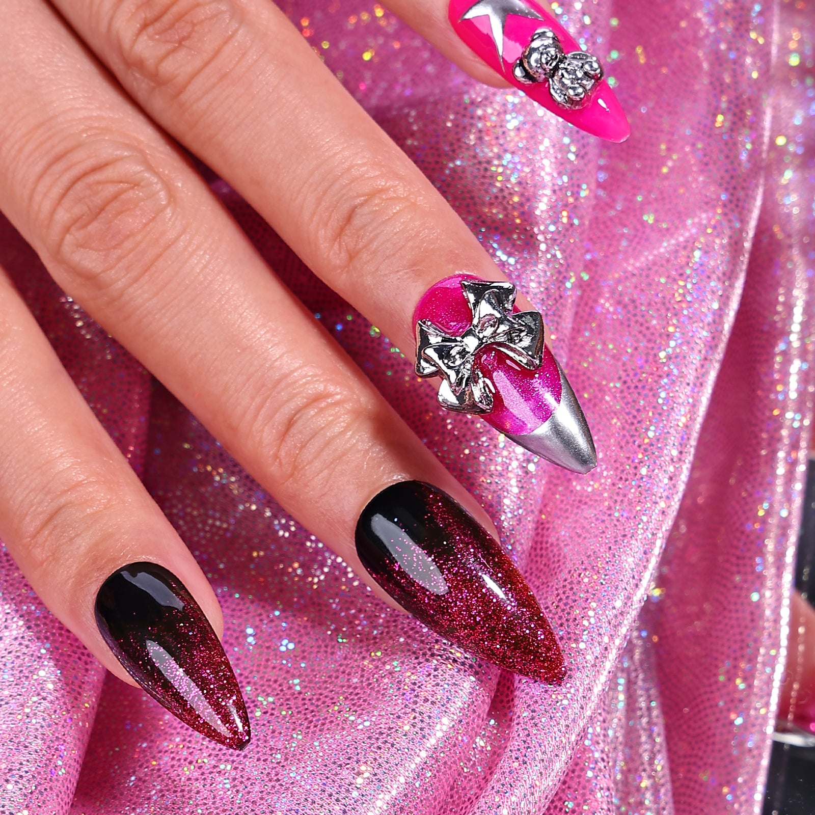 Magenta Space Stiletto Short Press On Nails | MelodySusie