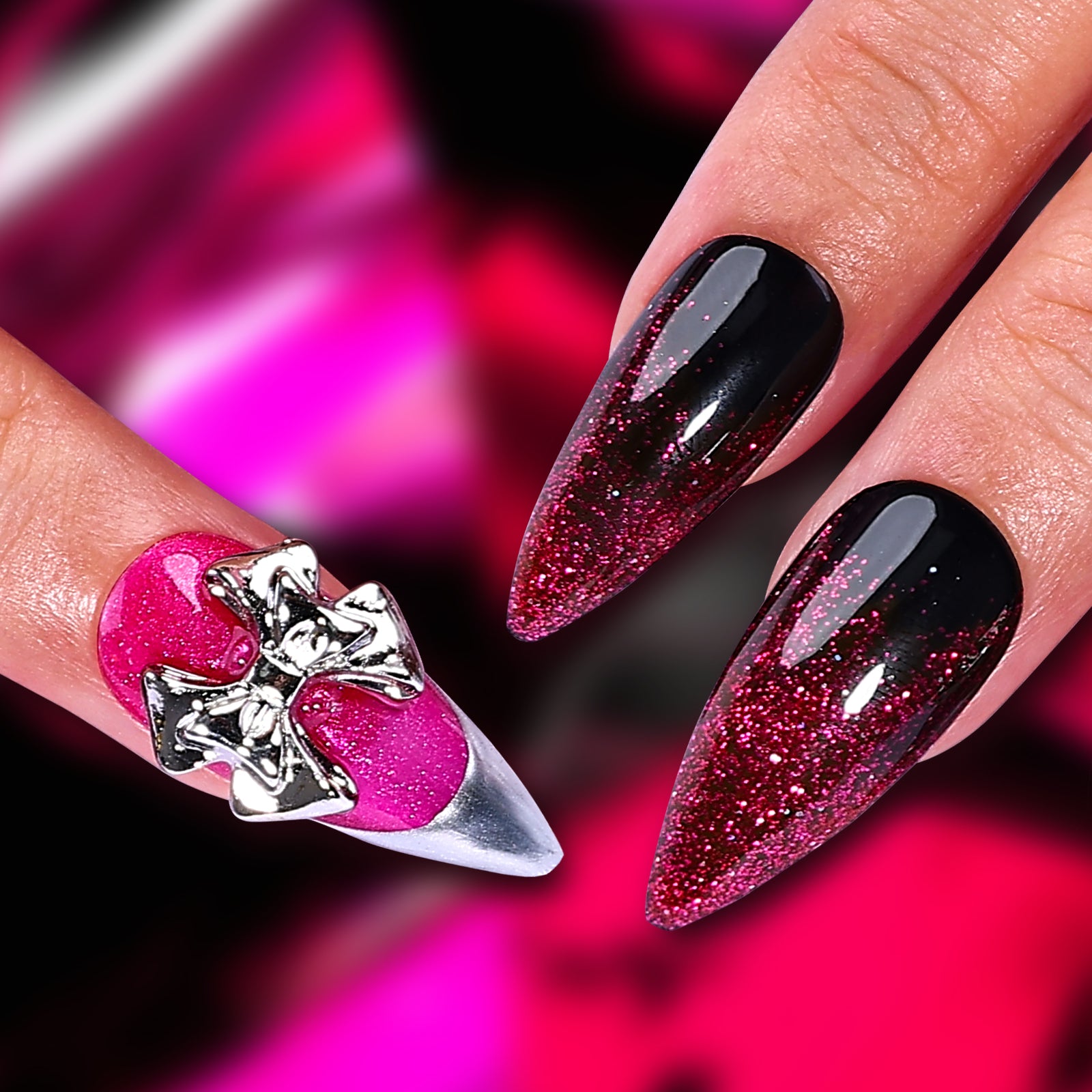 Magenta Space Stiletto Short Press On Nails | MelodySusie