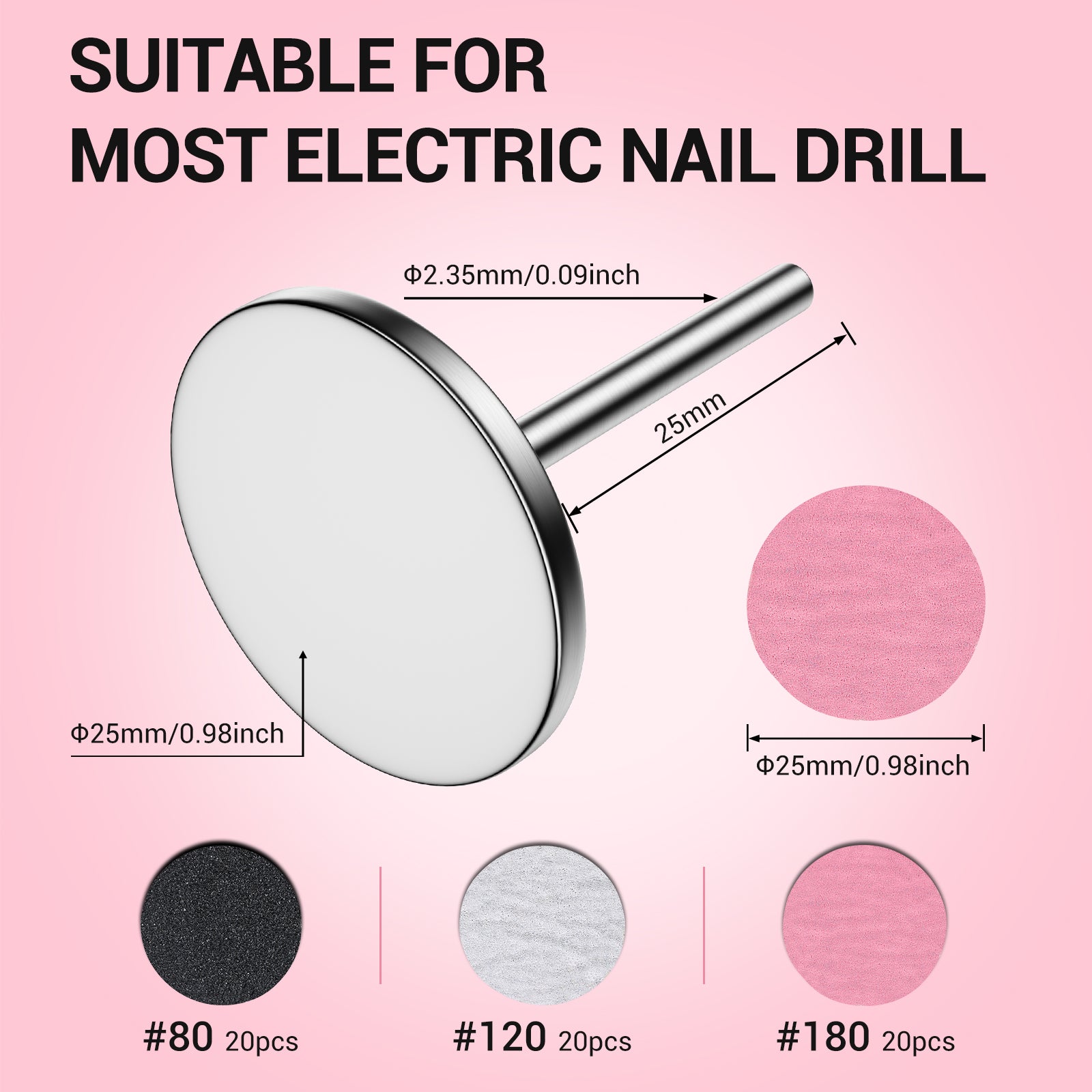 60 Pcs Replacement Sandpaper Discs with 25mm Metal Nail Drill Bit