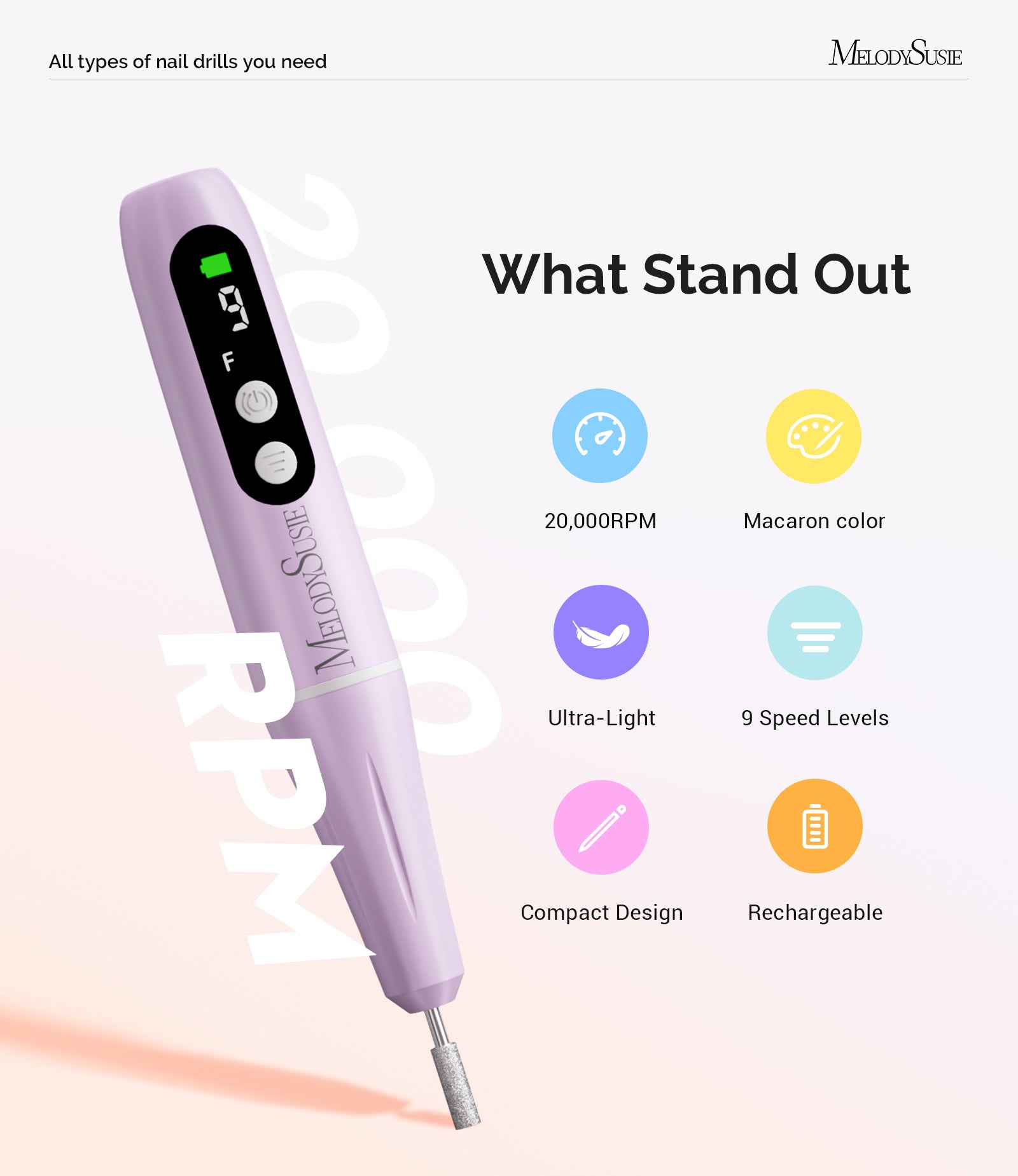 PC90G 20000RPM Portable Rechargeable Nail Drill - Purple