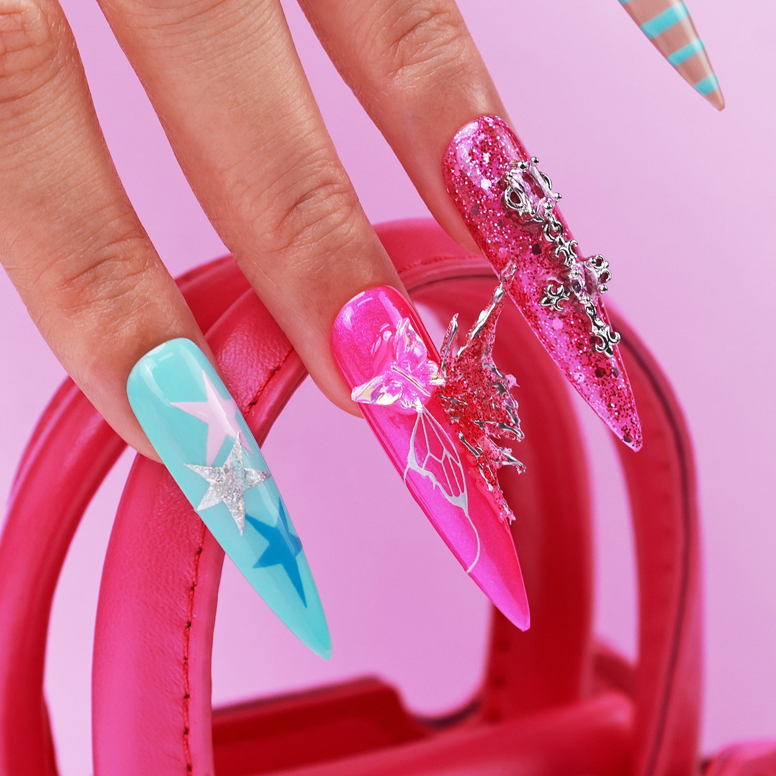 Baby Pink Blue Stiletto Long Press On Nails | MelodySusie