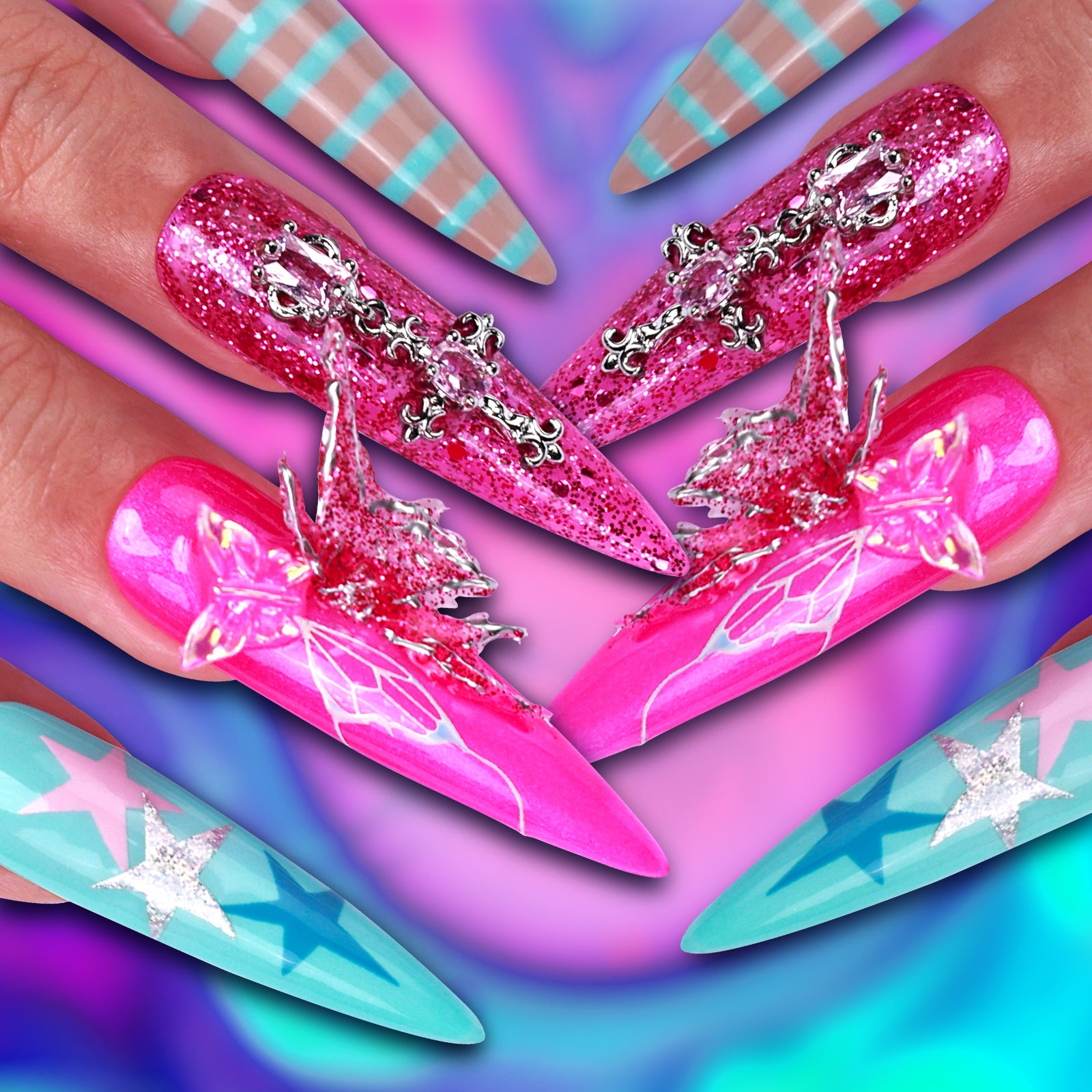 Baby Pink Blue Stiletto Long Press On Nails | MelodySusie