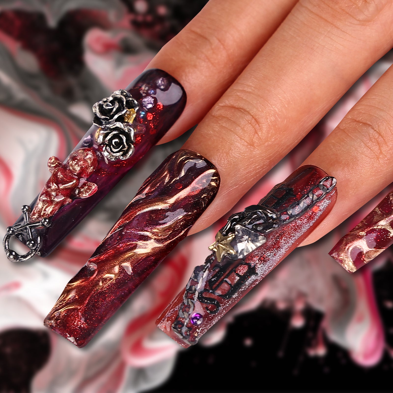 Dark Cupid Square Long Press On Nails | MelodySusie