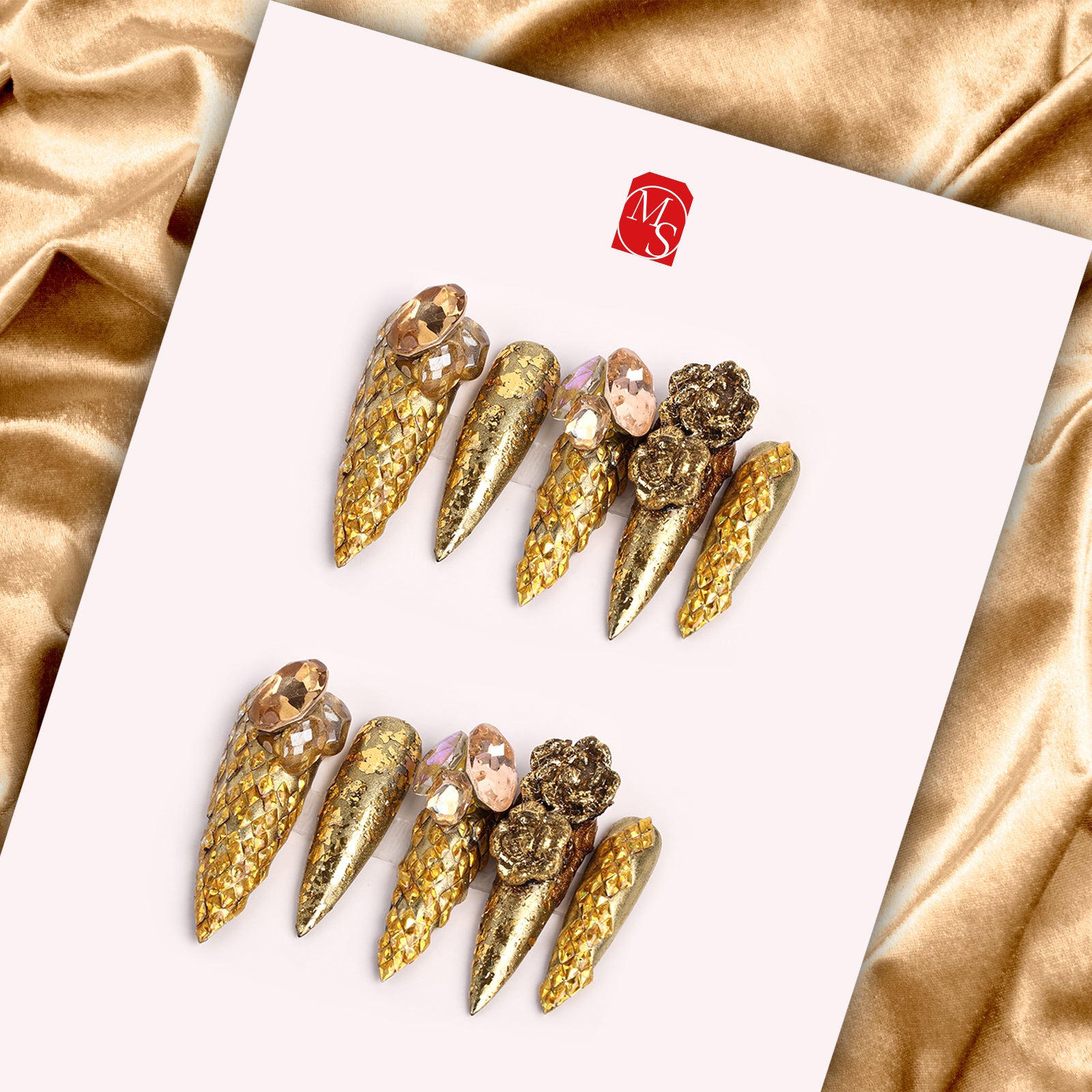 Rosy in Gold Stiletto Long Press On Nails | MelodySusie