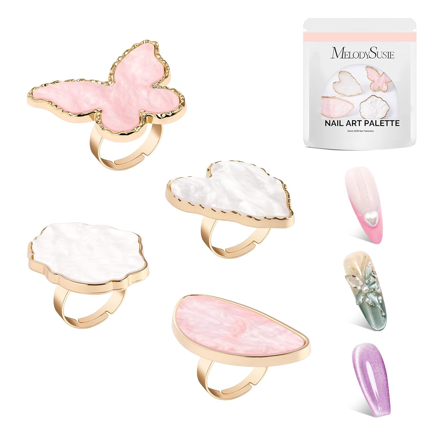 Adjustable Resin Nail Art Palette Finger Rings Set 4Pcs