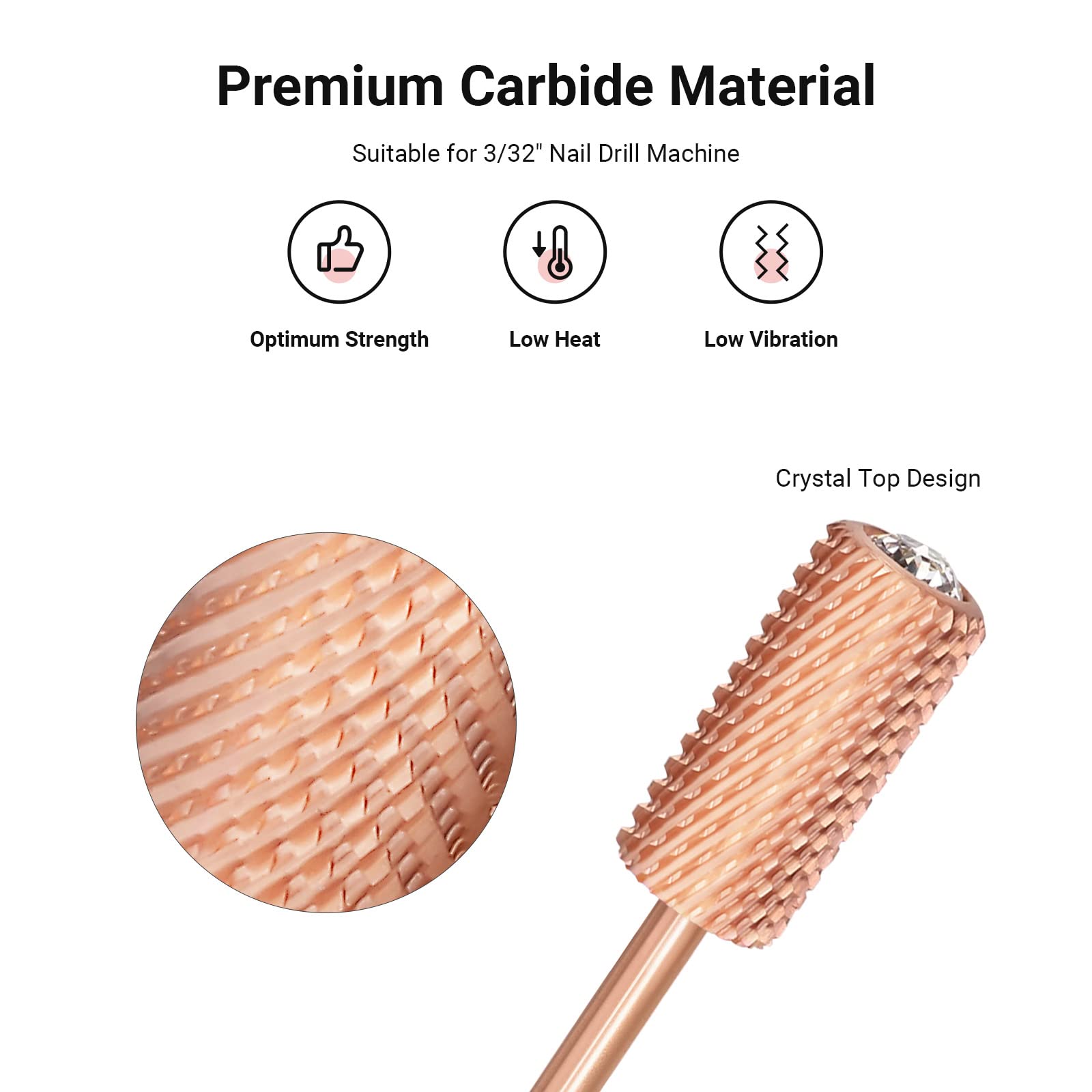 Crystal Top Large Barrel Carbide Nail Drill Bit (Rose-Gold)