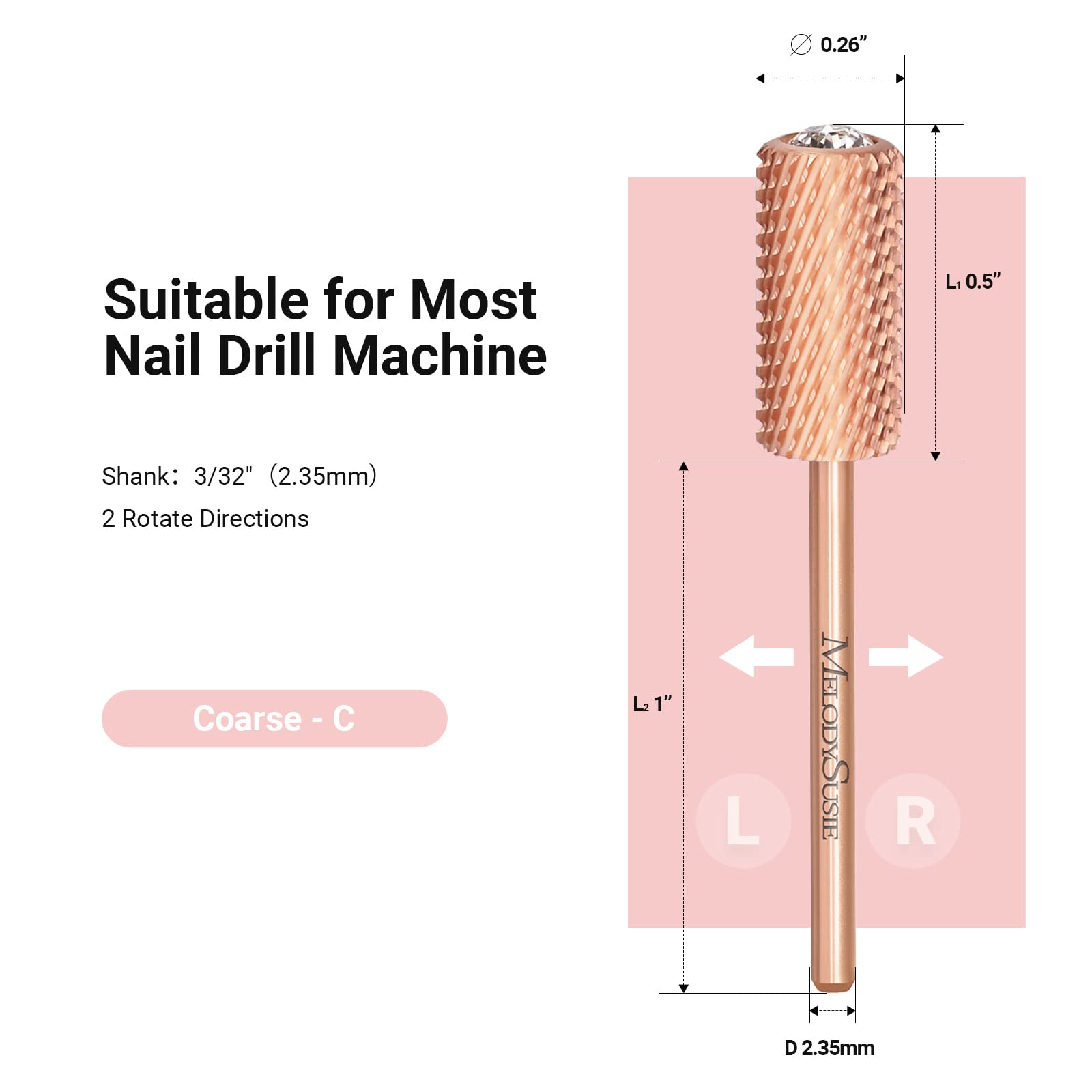 Crystal Top Large Barrel Carbide Nail Drill Bit (Rose-Gold)