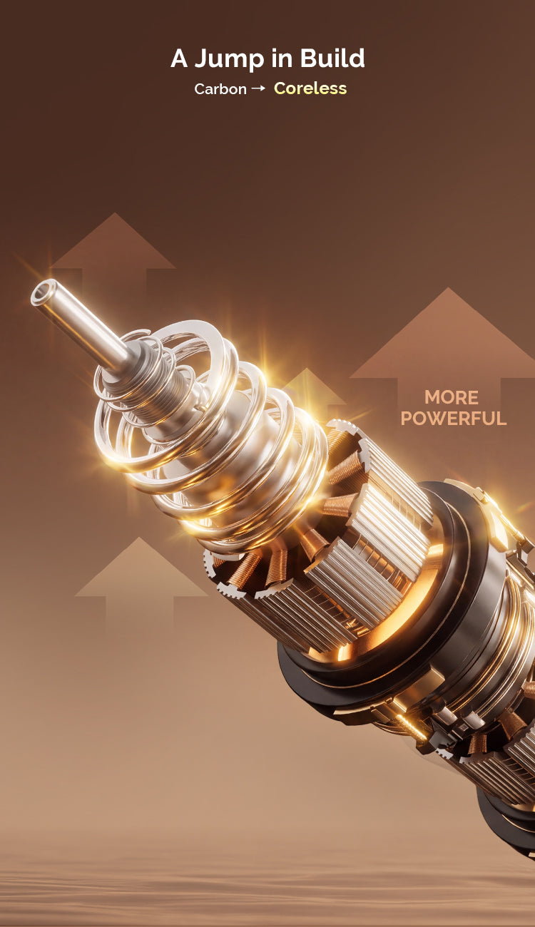 A close-up promotional render of a metallic cylindrical component with glowing orange highlights and the text 'A Jump in Build' and 'MORE POWERFUL' on a warm brown background.