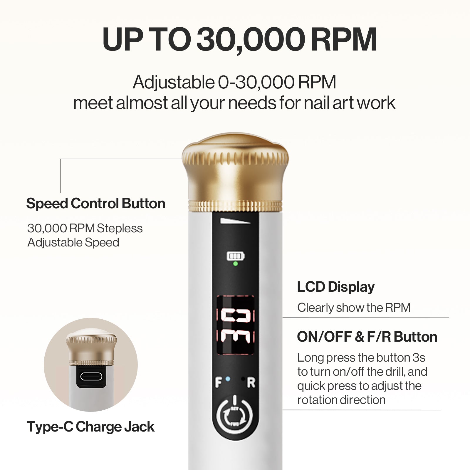 SP1-Cordless & Stepless Speed Rechargeable Nail Drill 30000 RPM(US ONLY)
