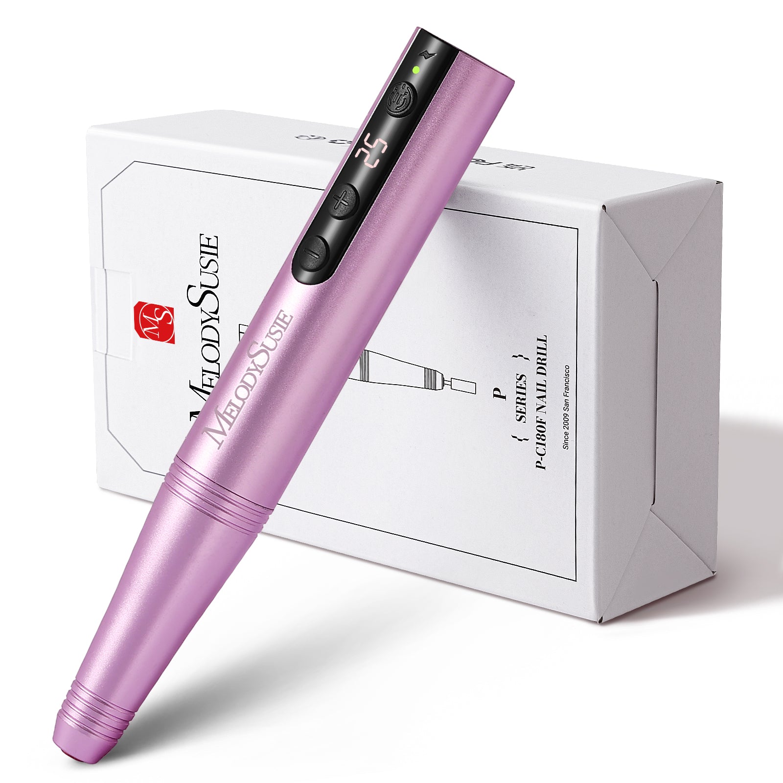 A compact pink electric nail drill with various metal bits