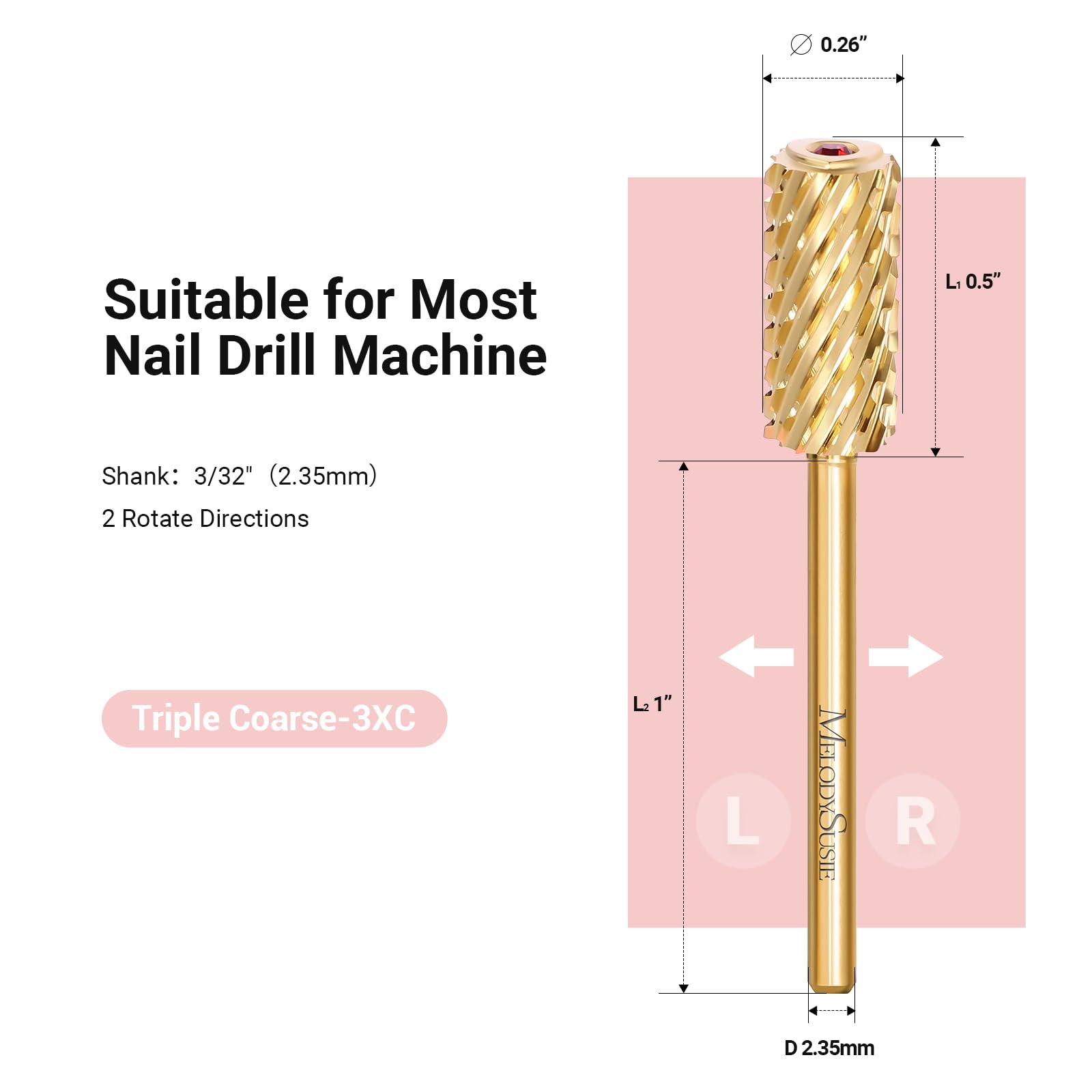 Crystal Top Red Heart Shape Large Barrel Carbide Nail Drill Bit (Gold)