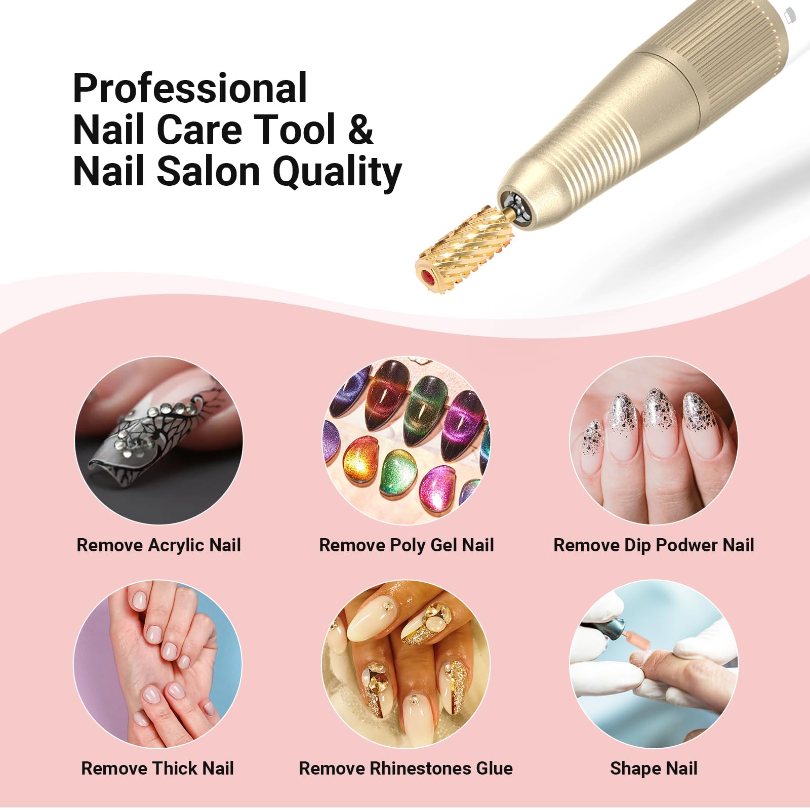 Crystal Top Red Heart Shape Large Barrel Carbide Nail Drill Bit (Gold)