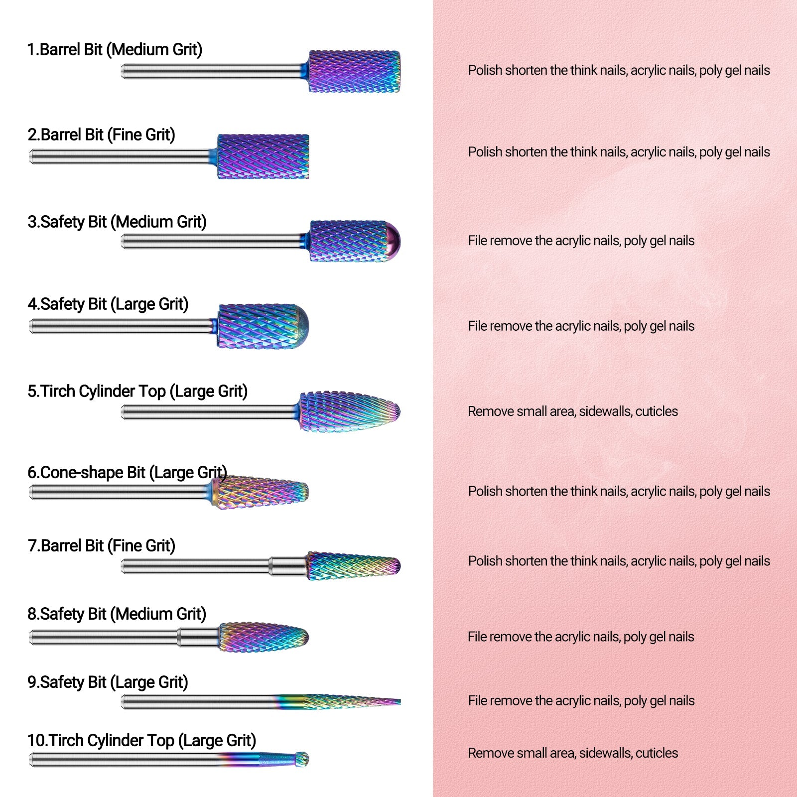 New Colorful Tungsten Carbide Nail Drill Bits Set (10pcs)