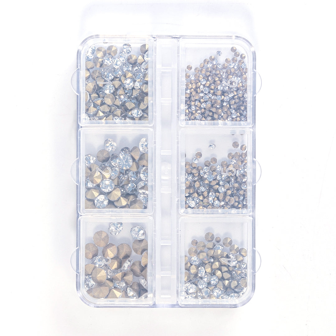 6-Gird Mixed Size Pointed Bottom White Glass Nail Rhinestones