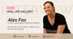 A interview banner featuring Alex Fox for the MelodySusie Nail Life Gallery campaign. Text highlights her background as Global Director of Nailympia and Co-Founder of Scratch Magazine, focusing on professional nail industry journeys.