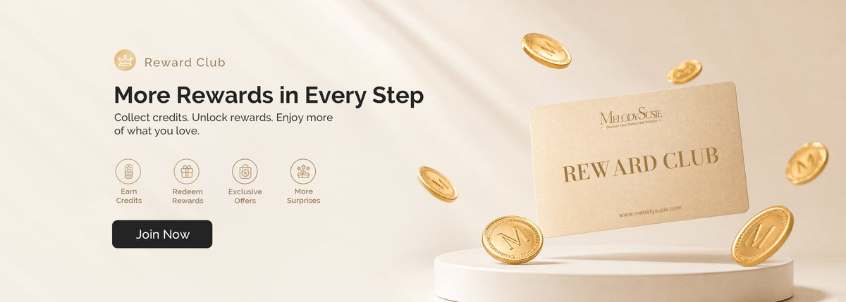 A promotional banner for a Reward Club card, showing a beige card with gold lettering floating beside several gold coins on a white pedestal against a warm cream background. Text on the left reads 'More Rewards in Every Step' with a black 'Join Now' button.