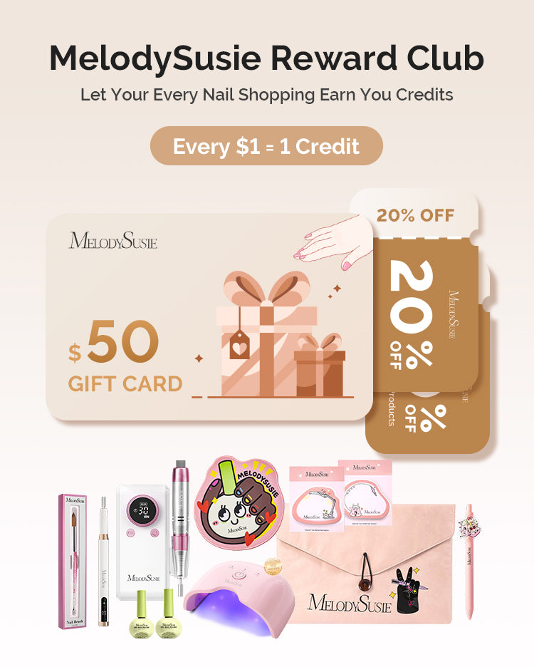 MelodySusie Reward Club promotional graphic showing a $50 gift card, a 20% off voucher, and several nail care products including a pink UV lamp, nail tools, and manicure supplies on a light beige background.