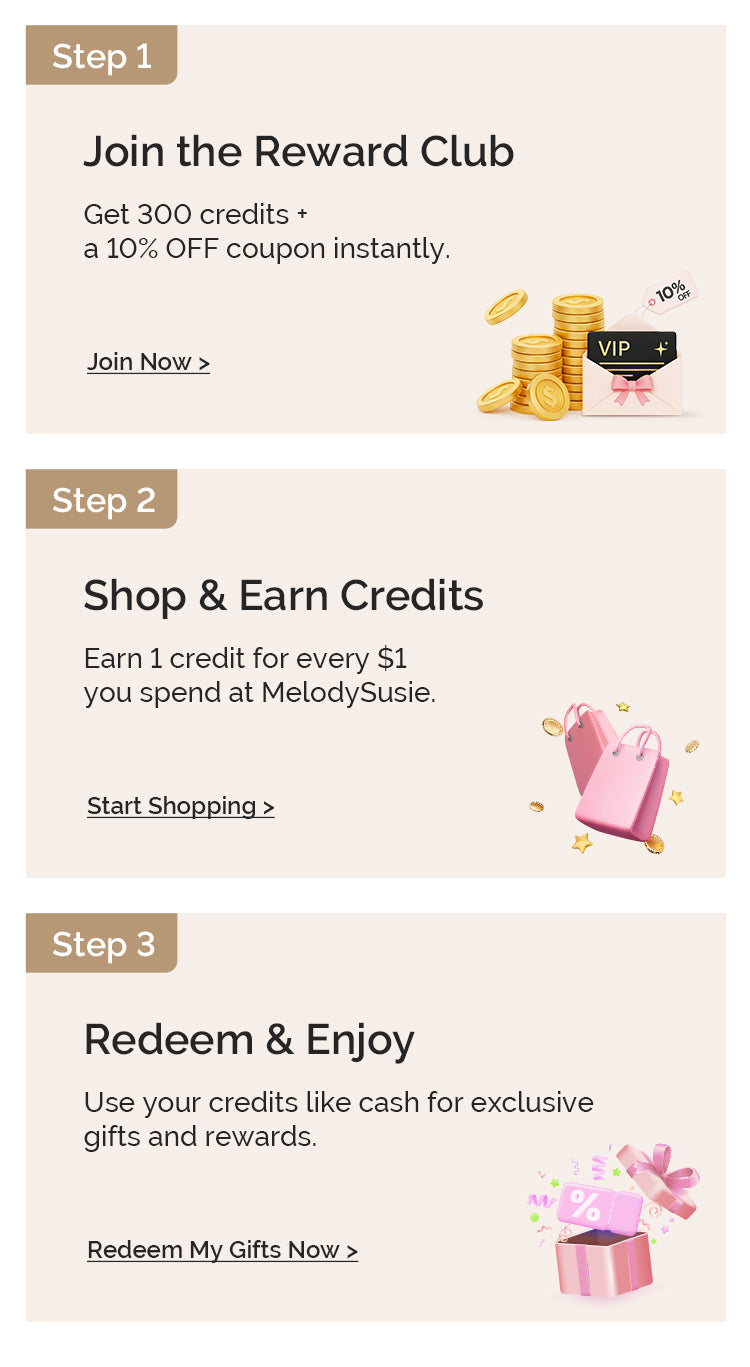 A three-step promotional graphic for a rewards program. Step 1 says 'Join the Reward Club' with text about 300 credits and a 10% off coupon, plus a small VIP badge and coin illustration.