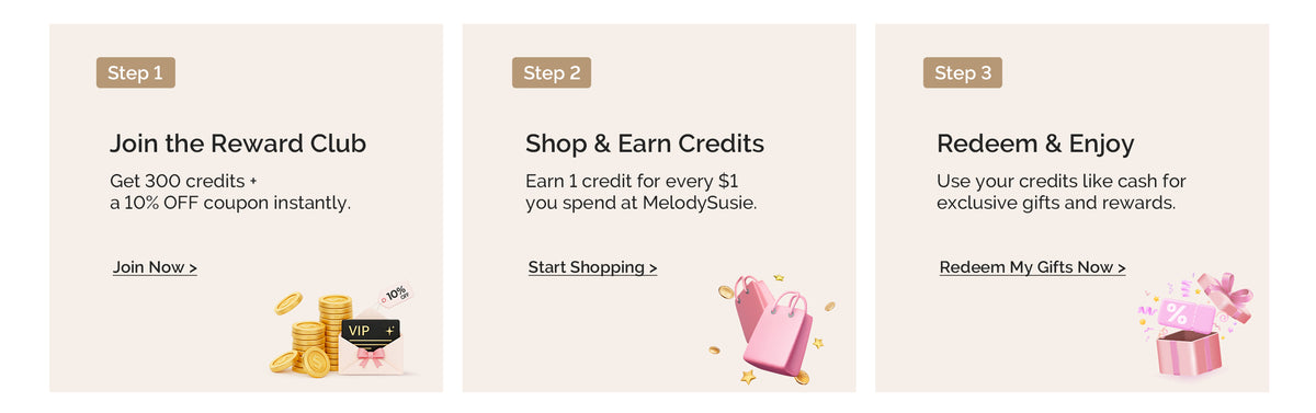Three promotional card panels showing a reward club signup flow: Step 1 Join the Reward Club, Step 2 Shop & Earn Credits, and Step 3 Redeem & Enjoy, with small gift and coin graphics at the bottom of each panel.