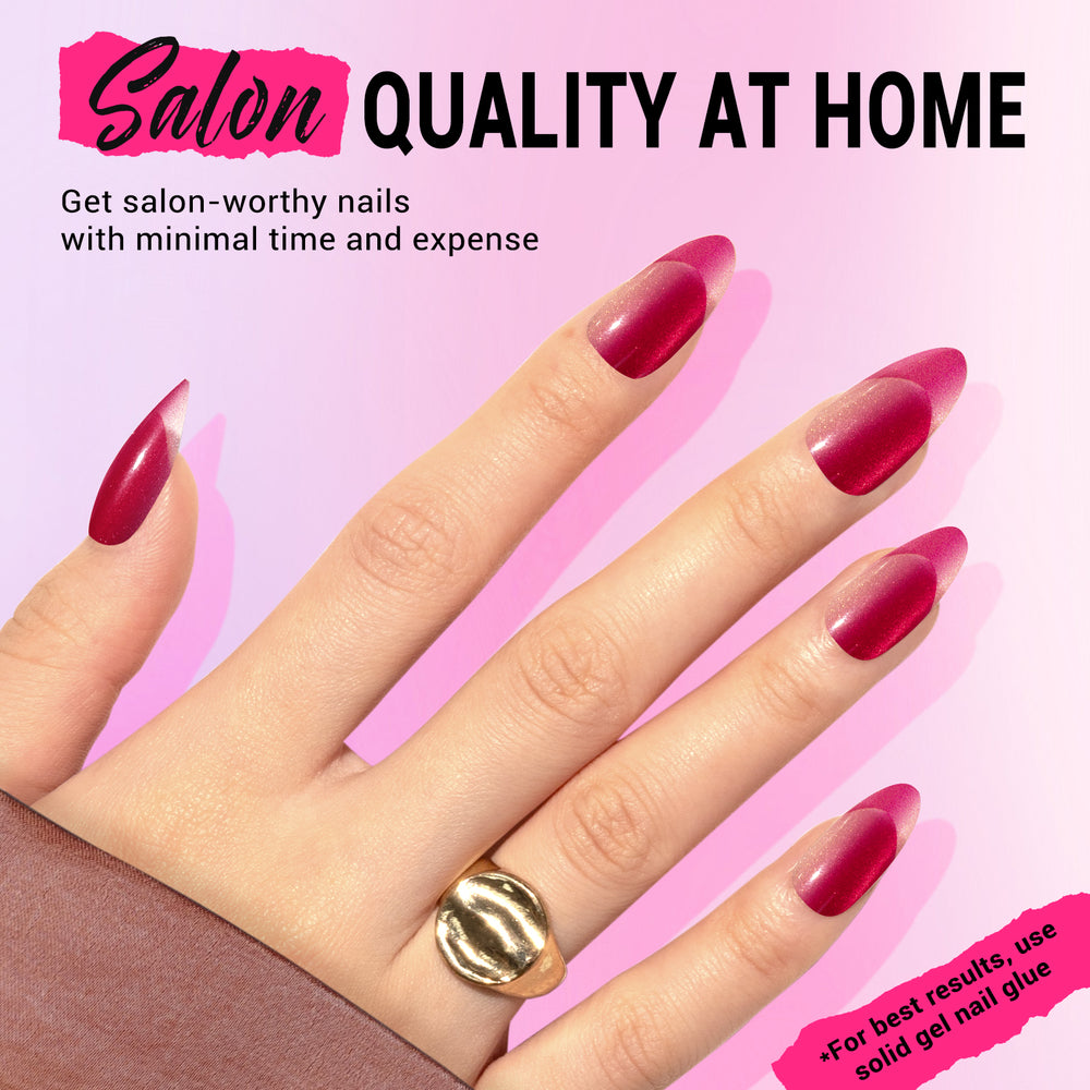 MelodySusie pink cat eye press on almond nails showing magnetic light-shifting gel finish with 15 size options for trend-forward manicure