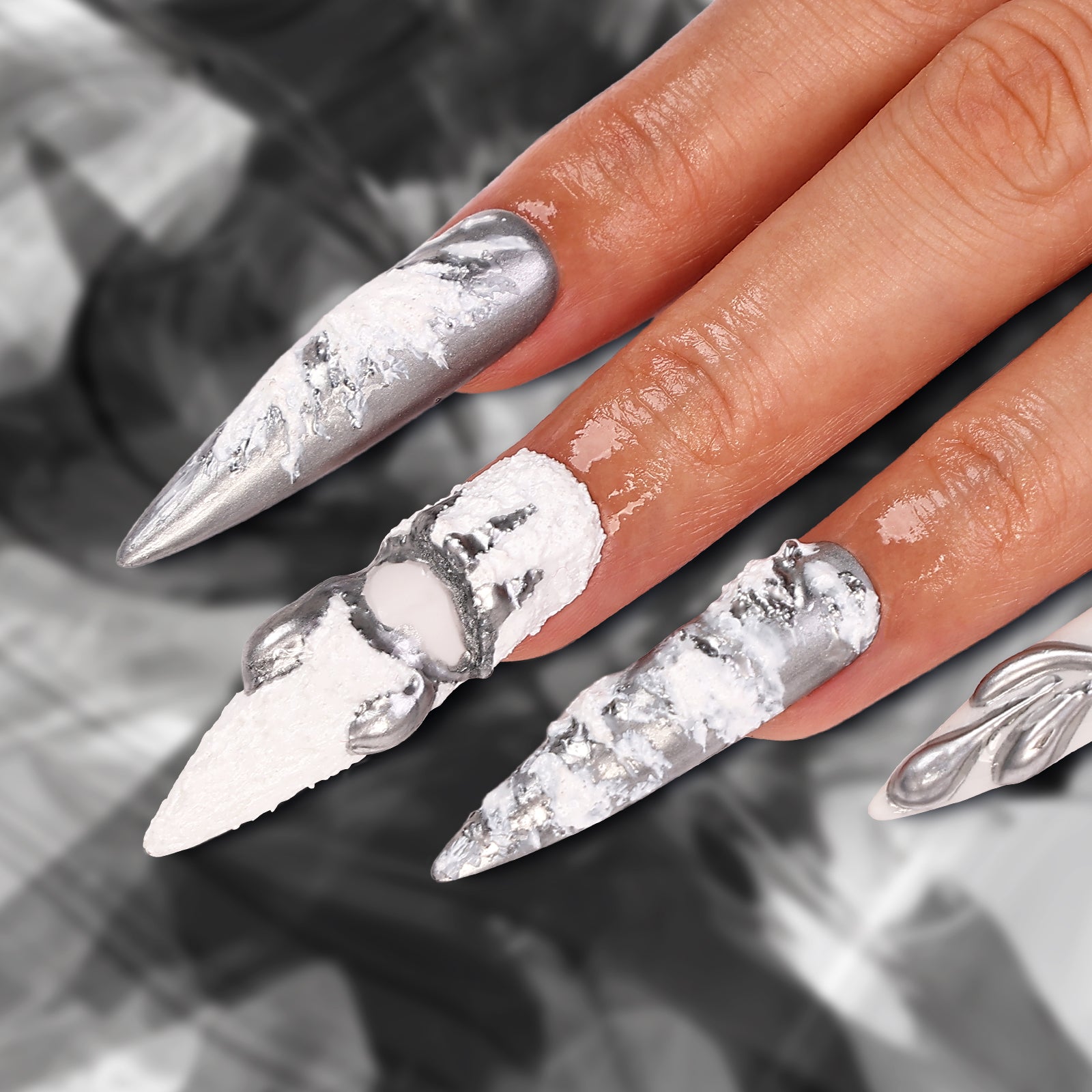 Silver Swirls Stiletto Long Press On Nails | MelodySusie