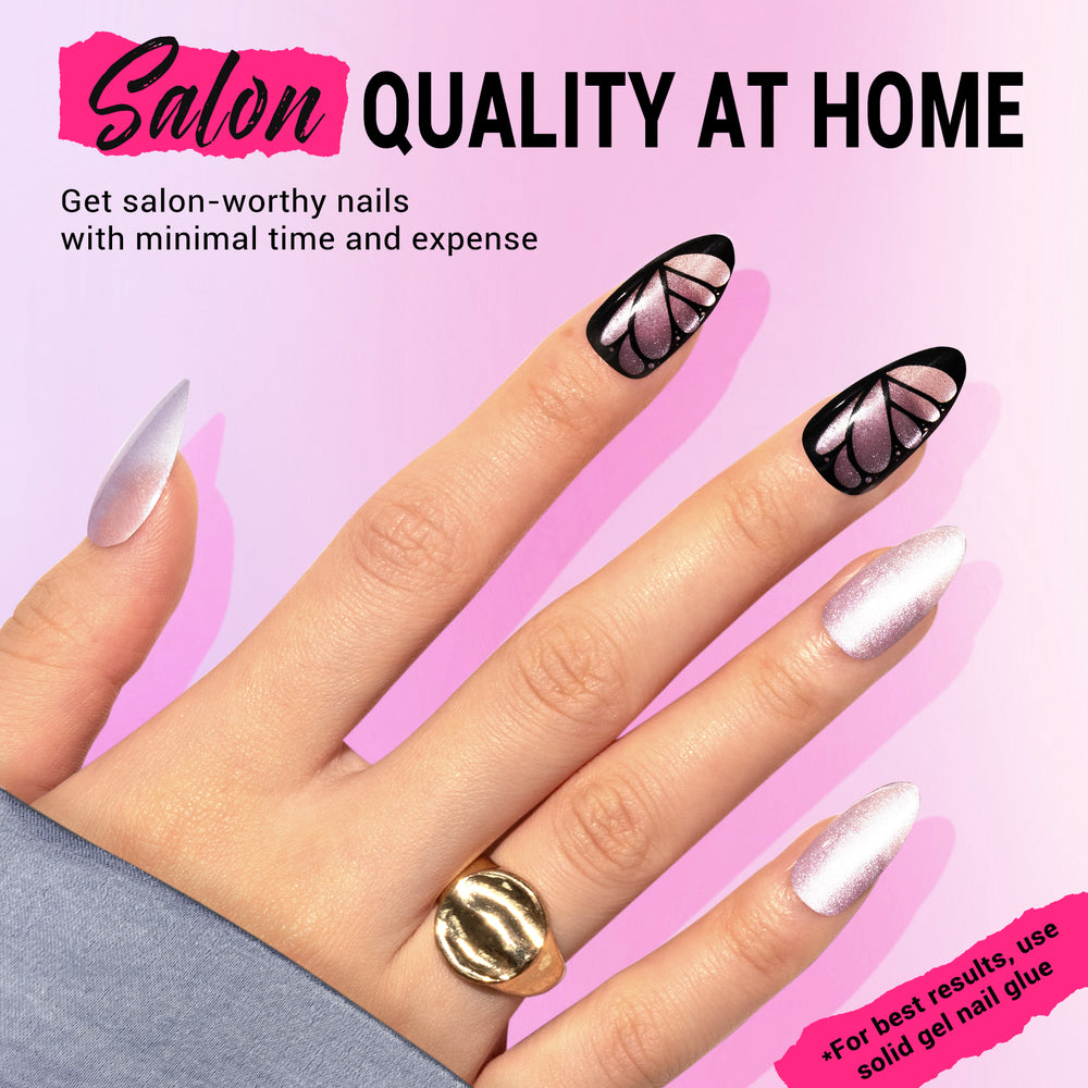 MelodySusie purple butterfly press on almond nails showing detailed butterfly nail art motif on purple base with almond shape and 15 size reusable kit