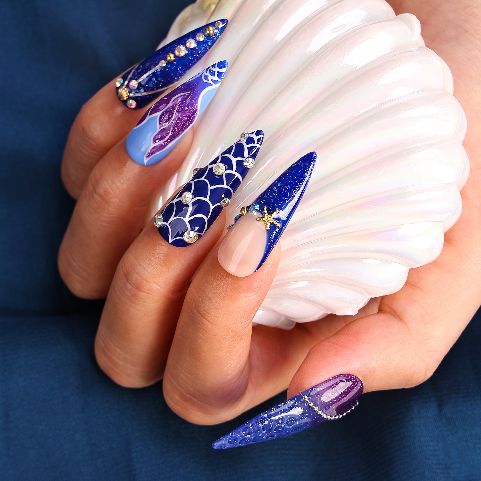 Mermaid Lagoon Stiletto Mid Length Press On Nails