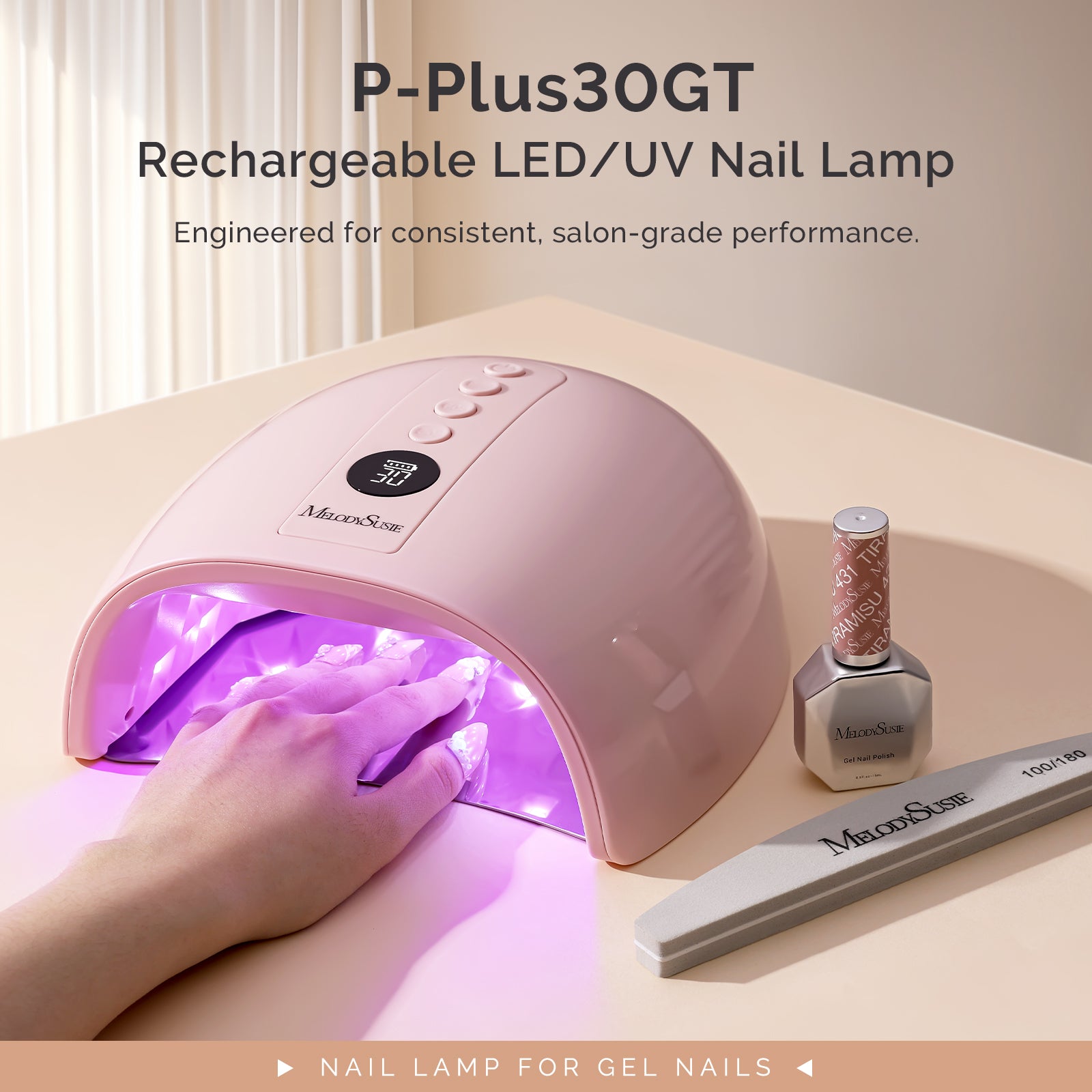 New Upgraded P-PLUS30GT Rechargeable Cordless UV/LED Nail Lamp - Pink
