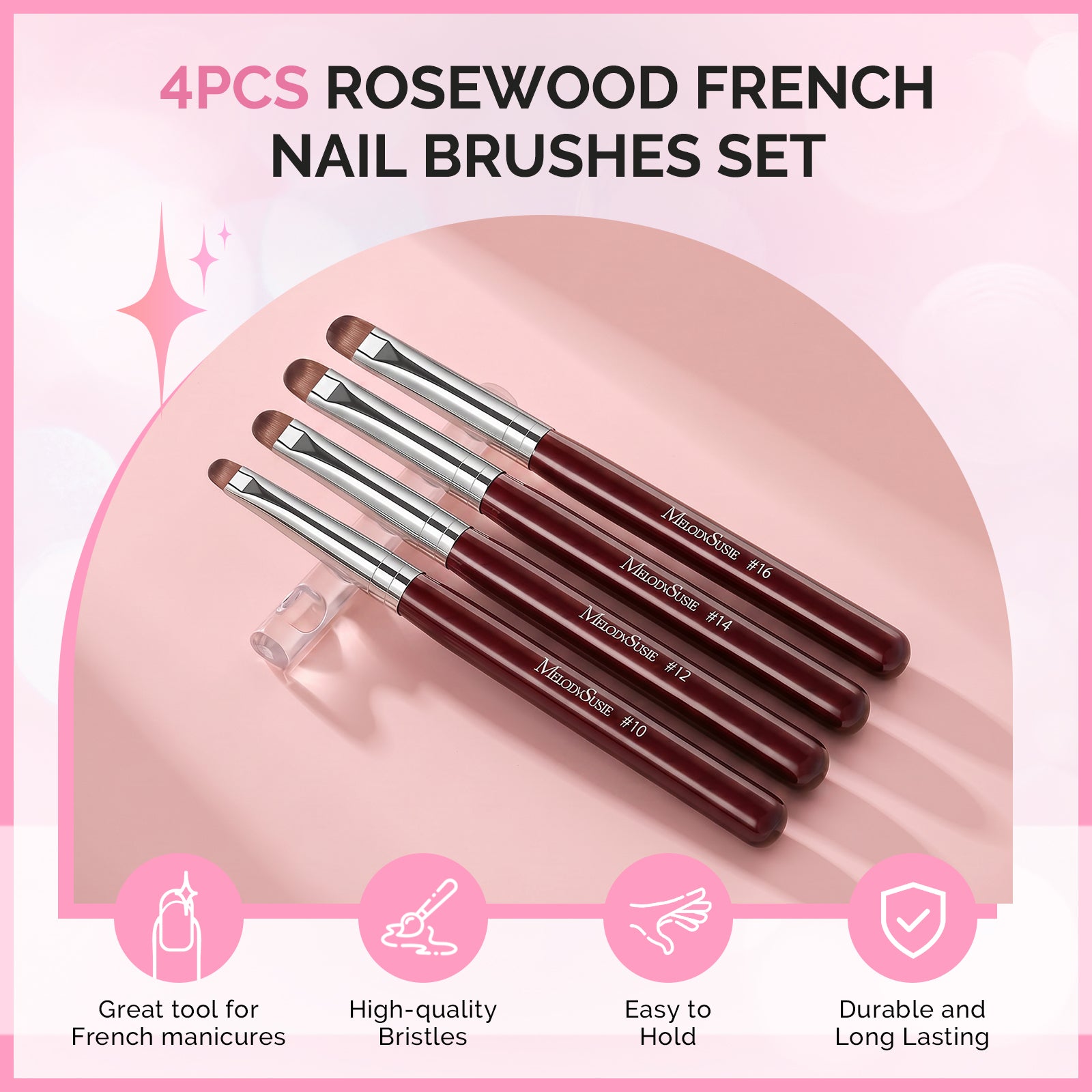 French Manicure with Rosewood Handles Nail Brush Set with Brush Holder - Sizes #10, #12, #14, #16