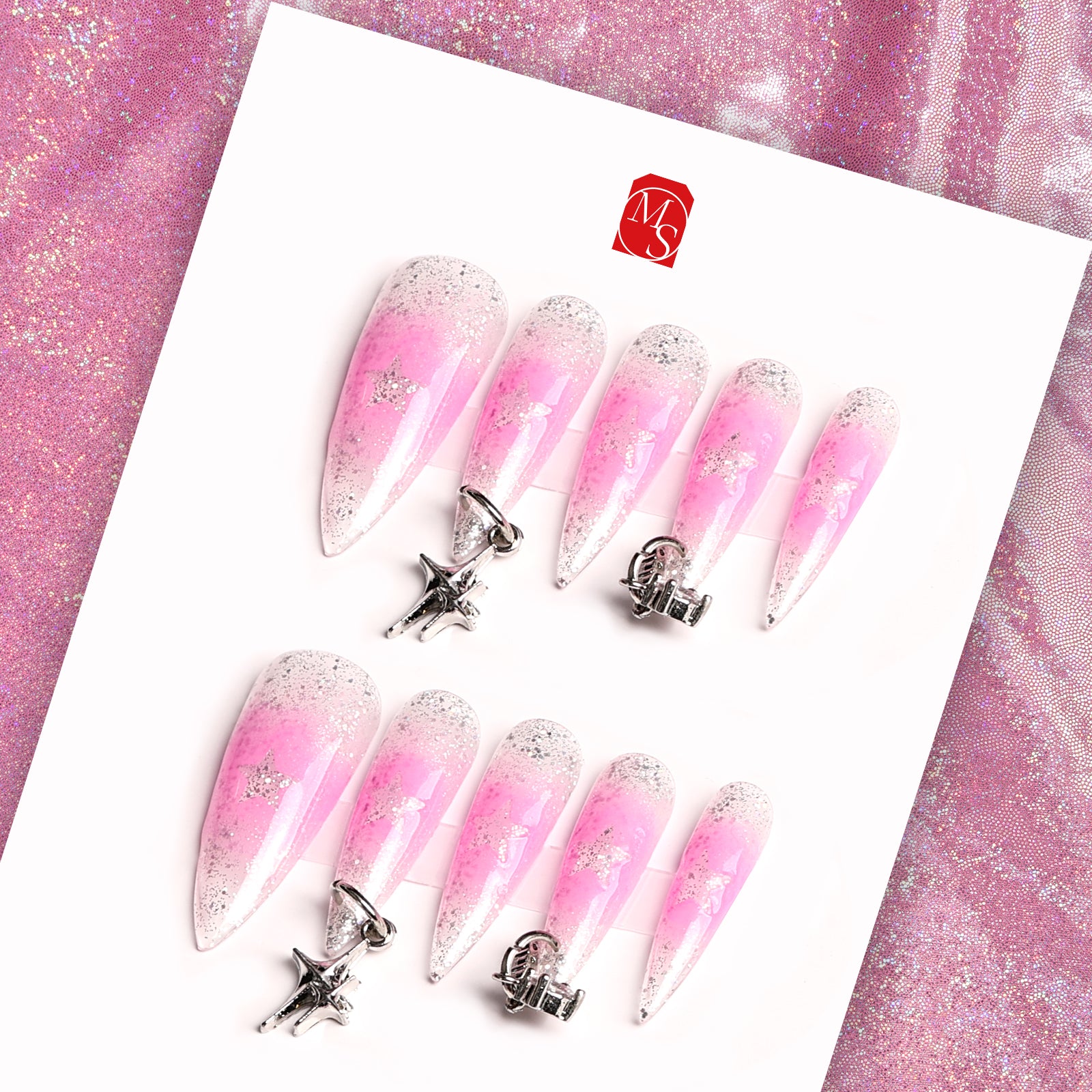 Starlit Blush Stiletto Mid Length Press On Nails| MelodySusie
