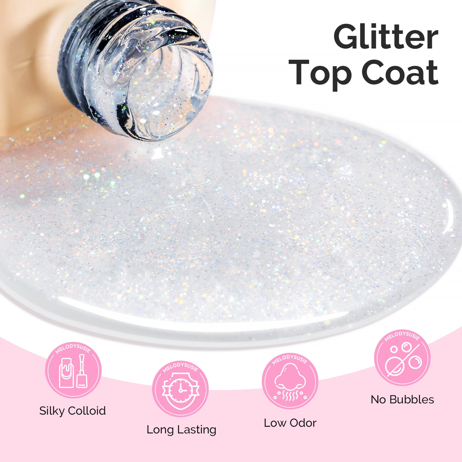 Glitter Gel Top Coat - No Wipe Reflective Iridescent Glitter Top Coat 15ml 0.5fl oz