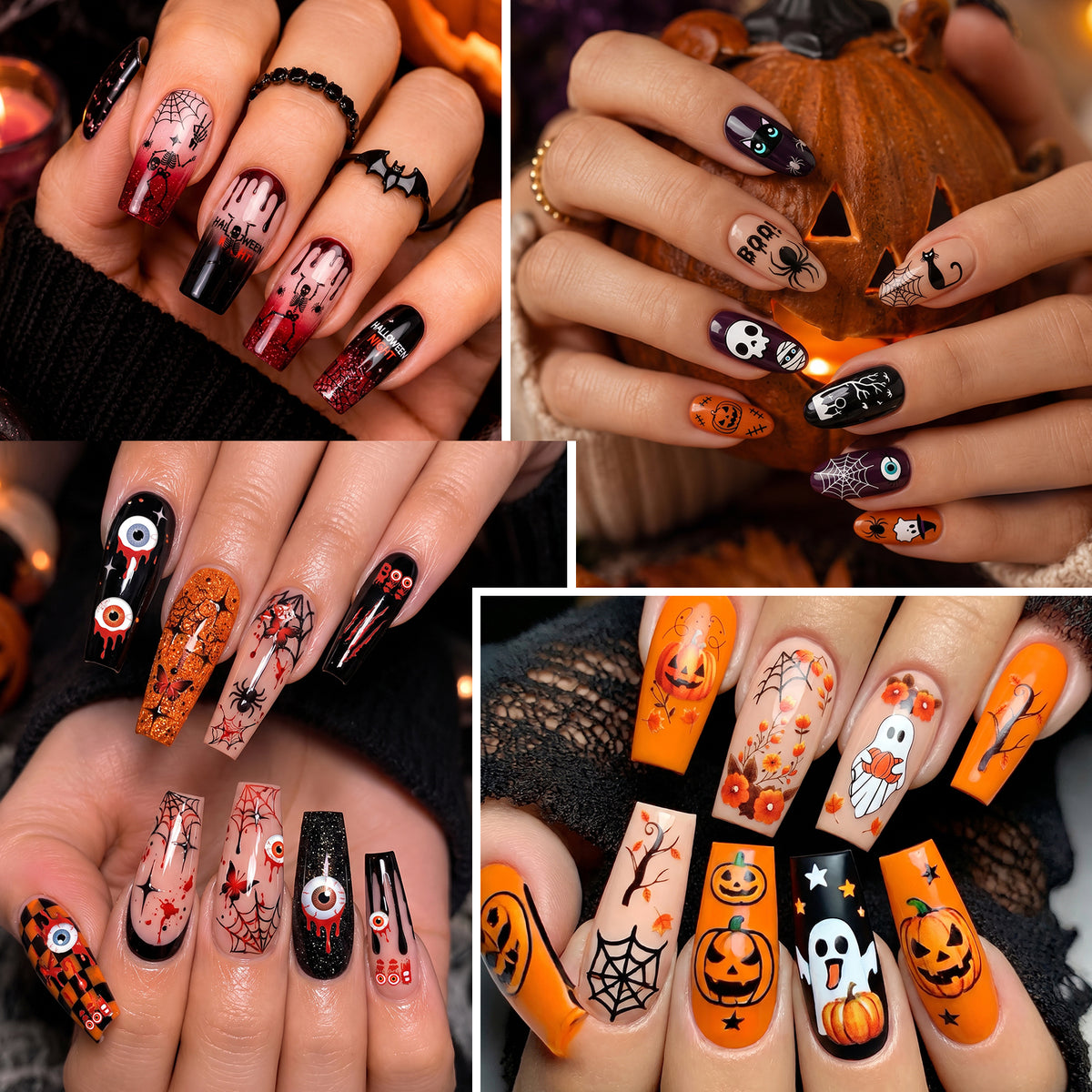 A 2x2 collage showing four different Halloween nail art designs worn on hands. The designs feature spooky motifs including jack-o'-lanterns, ghosts, spiders, bats, and blood splatters in orange, black, white, and red.