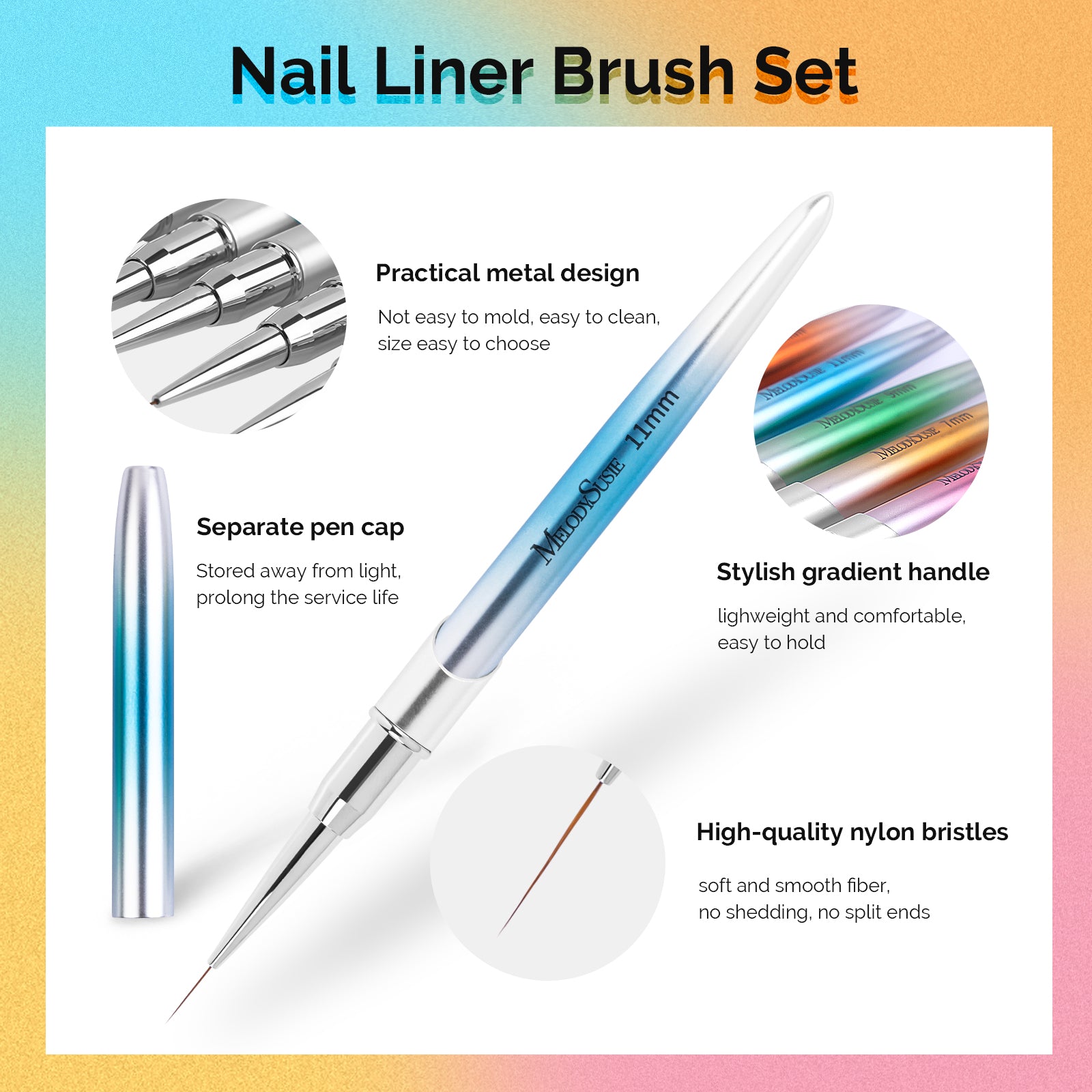 Nail Art Liner Brushes Gradient Metal Handle - Sizes 5/7/9/11/20mm (5Pcs)