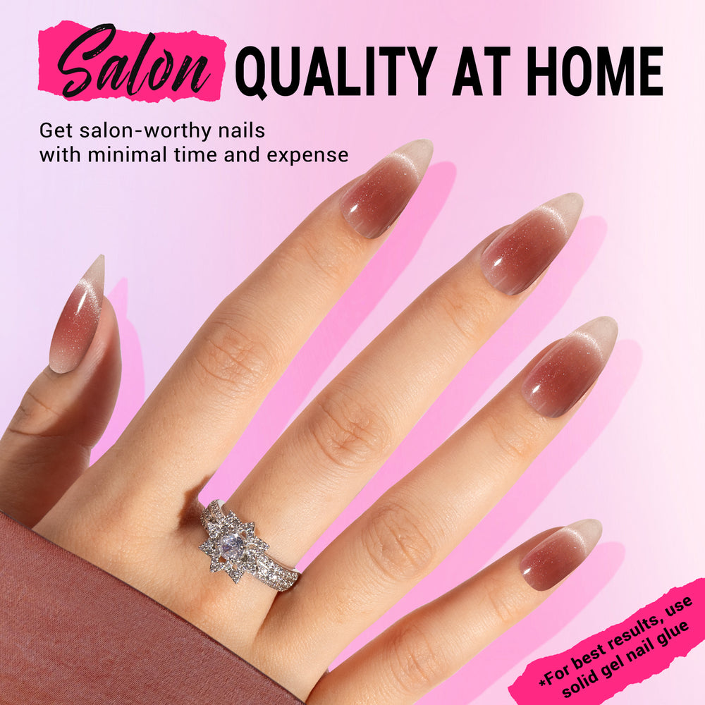Blush cat eye French tip press on nails modern editorial shimmer photogenic prom set champagne dusty rose gown blush dress pairing