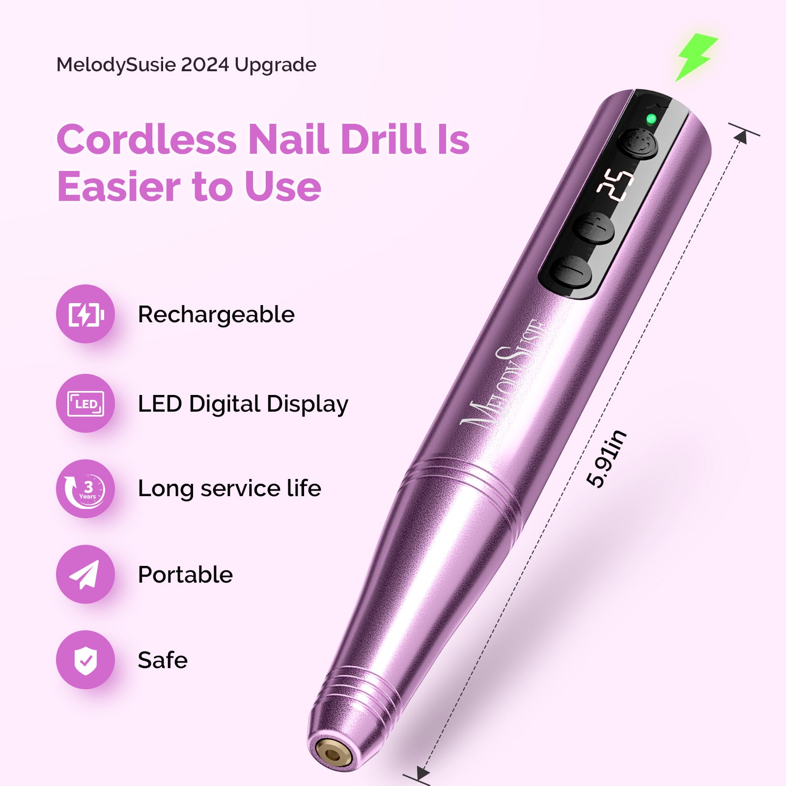 PC180F Portable Rechargeable Nail Drill 25000RPM (Rose Gold)