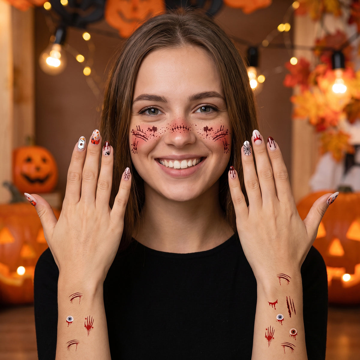 Halloween Nail Art Stickers & Nail Strips & Face Temporary Tattoos Set