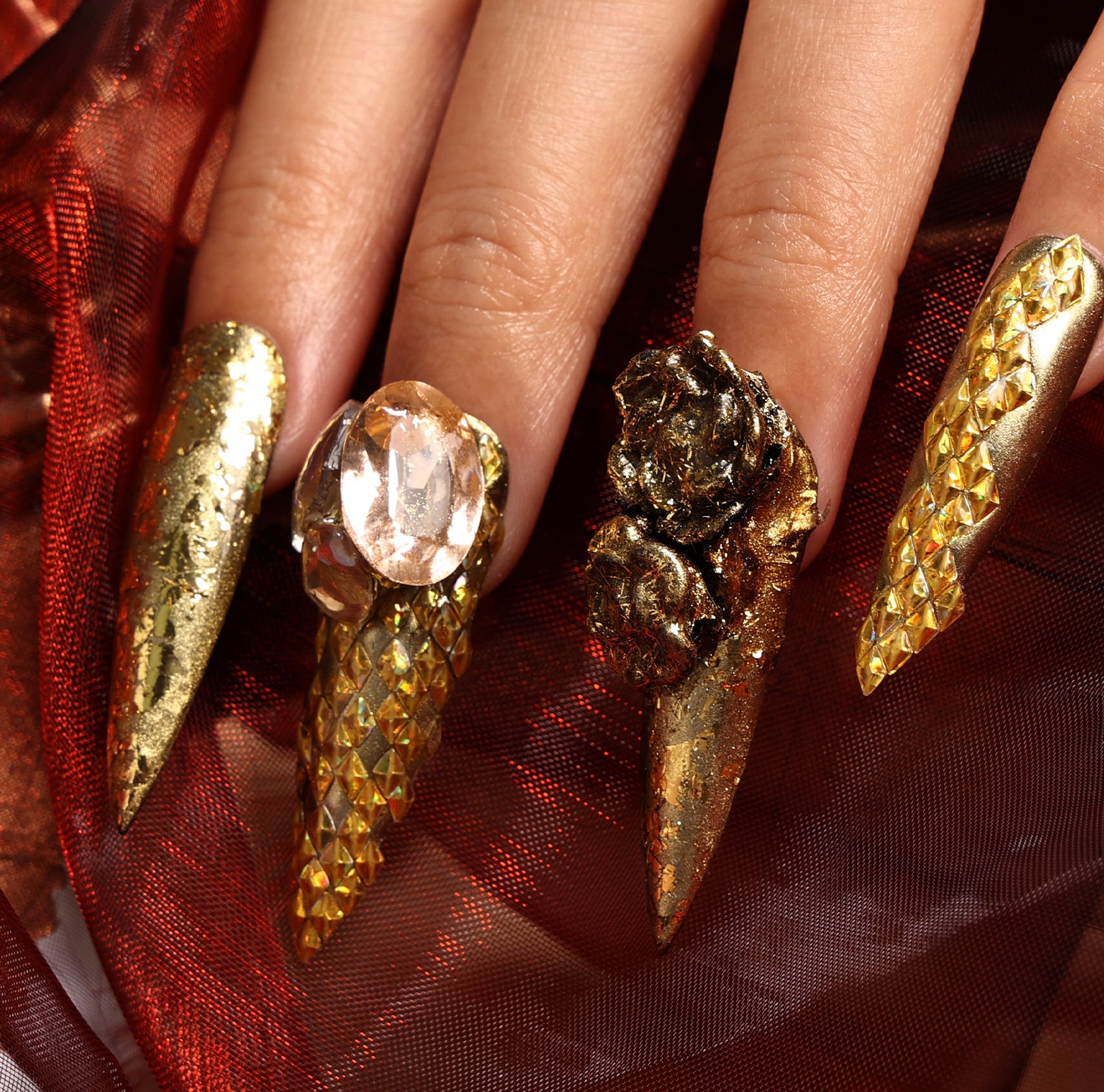 Rosy in Gold Stiletto Long Press On Nails | MelodySusie