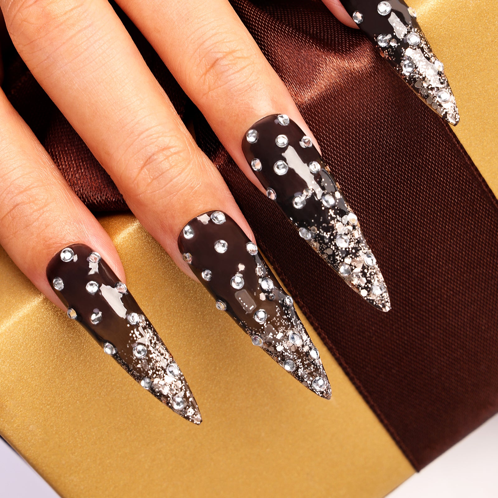Shiny Obsidian Stiletto Long Press On Nails | MelodySusie
