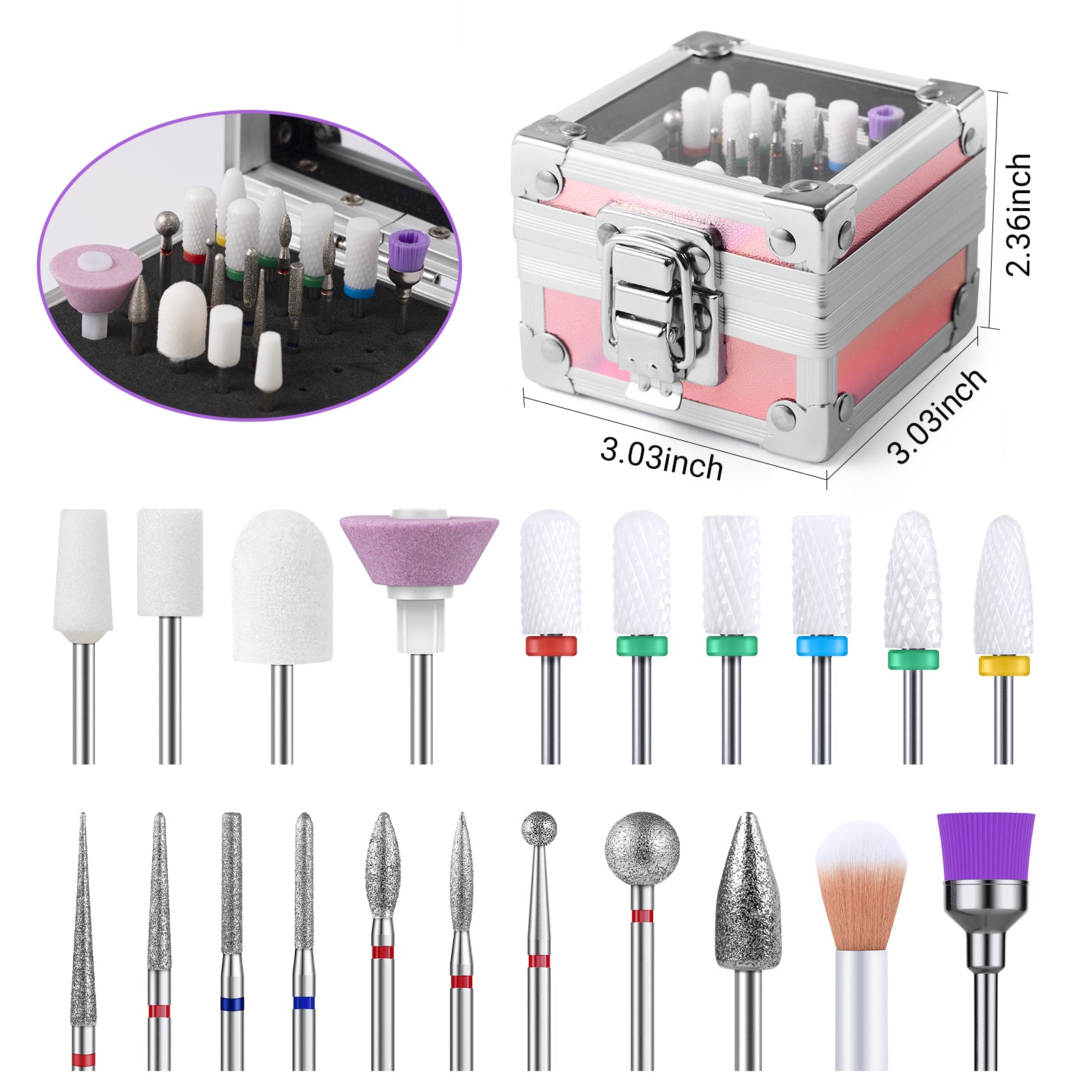 21Pcs Ceramic Diamond Carbide Nail Drill Bits with Portable Holder Case