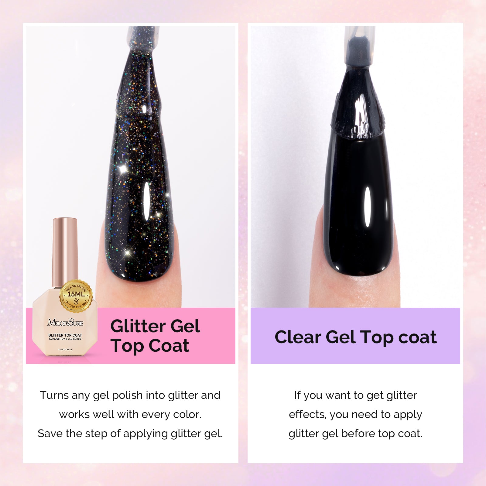 Glitter Gel Top Coat - No Wipe Reflective Iridescent Glitter Top Coat 15ml 0.5fl oz