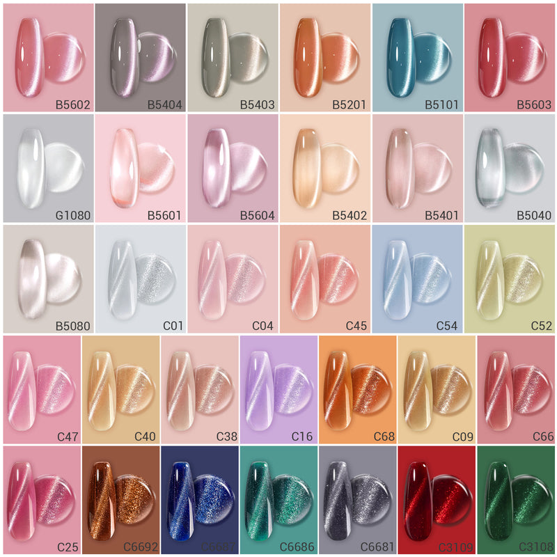 Jeweliver cat eye gel nail polish 32 colour set with magnetic stick showing shimmery shifting metallic finish across neutrals pinks blues and silvers