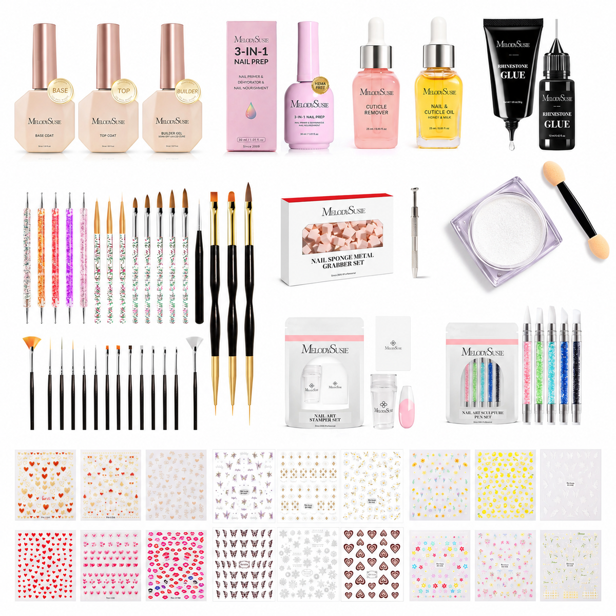 A comprehensive nail art and manicure kit from MinisSoo, featuring multiple bottles of nail polish, brushes, nail tools, gel products, and various nail pattern sheets arranged in a grid on a white background.