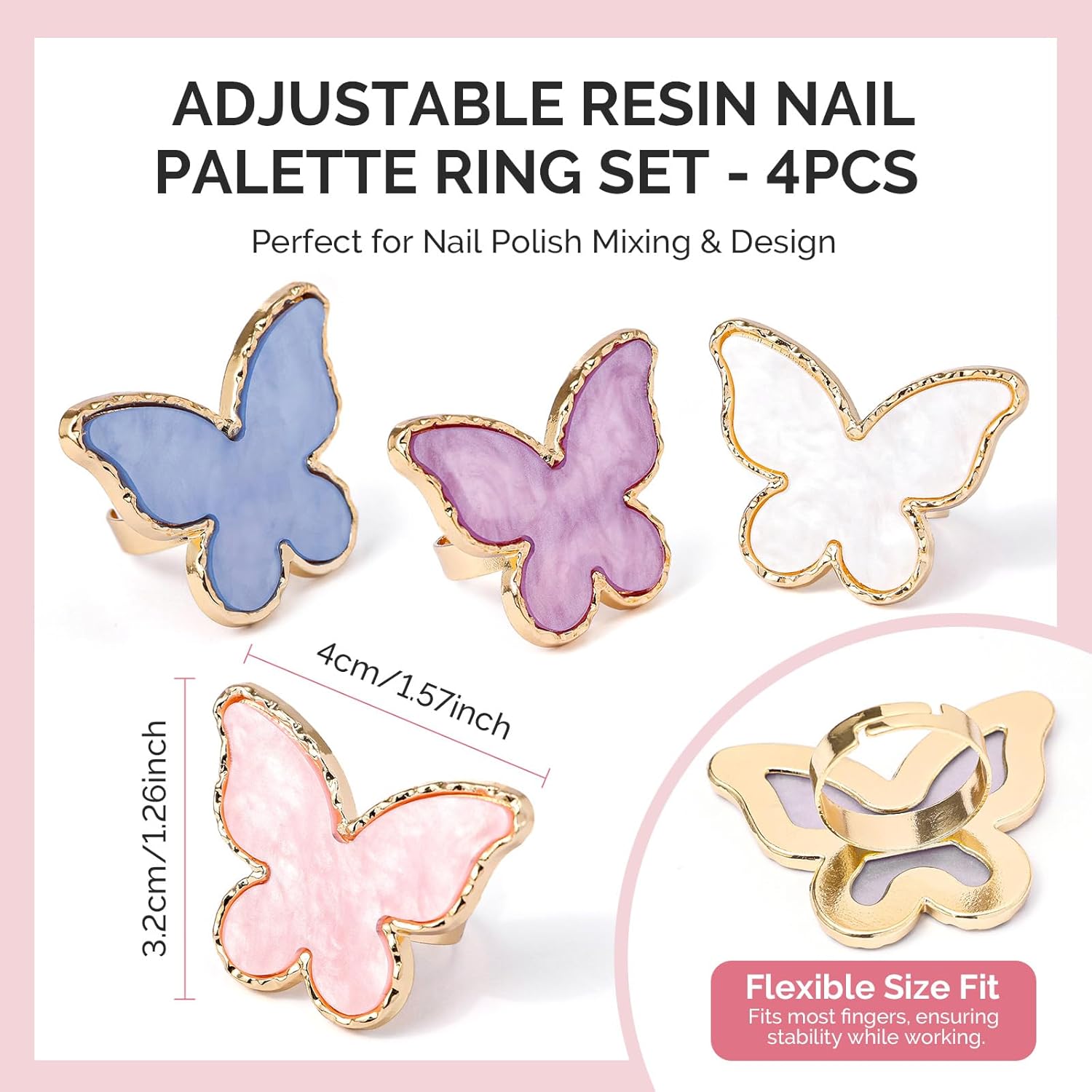 Adjustable Resin Nail Art Palette Finger Rings Set 4Pcs