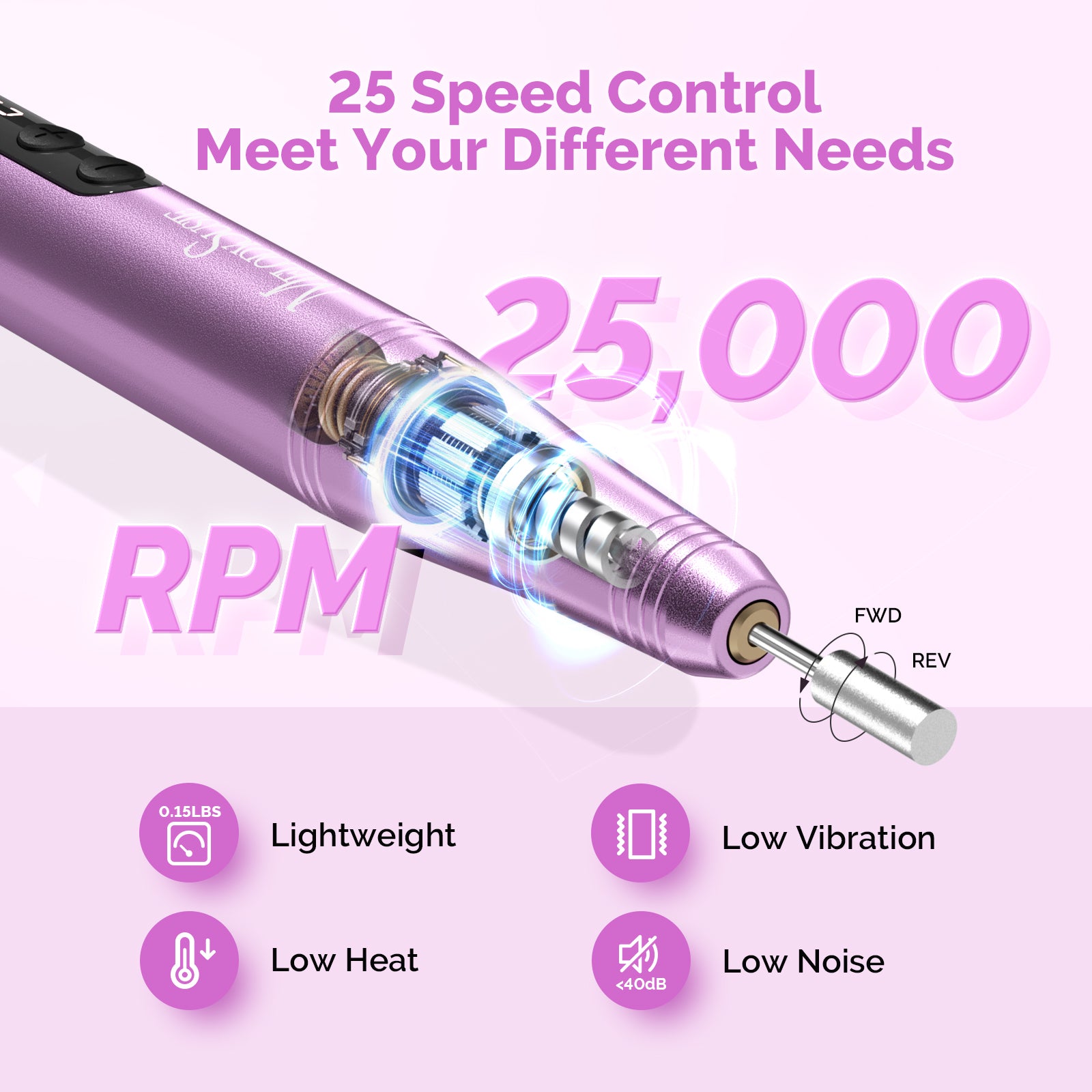 PC180F Portable Rechargeable Nail Drill 25000RPM (Rose Gold)